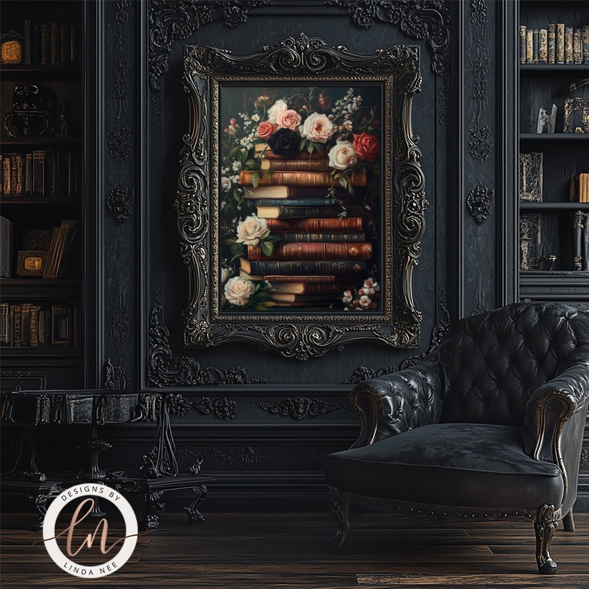 Stack of books with flowers print displayed in an elegant room