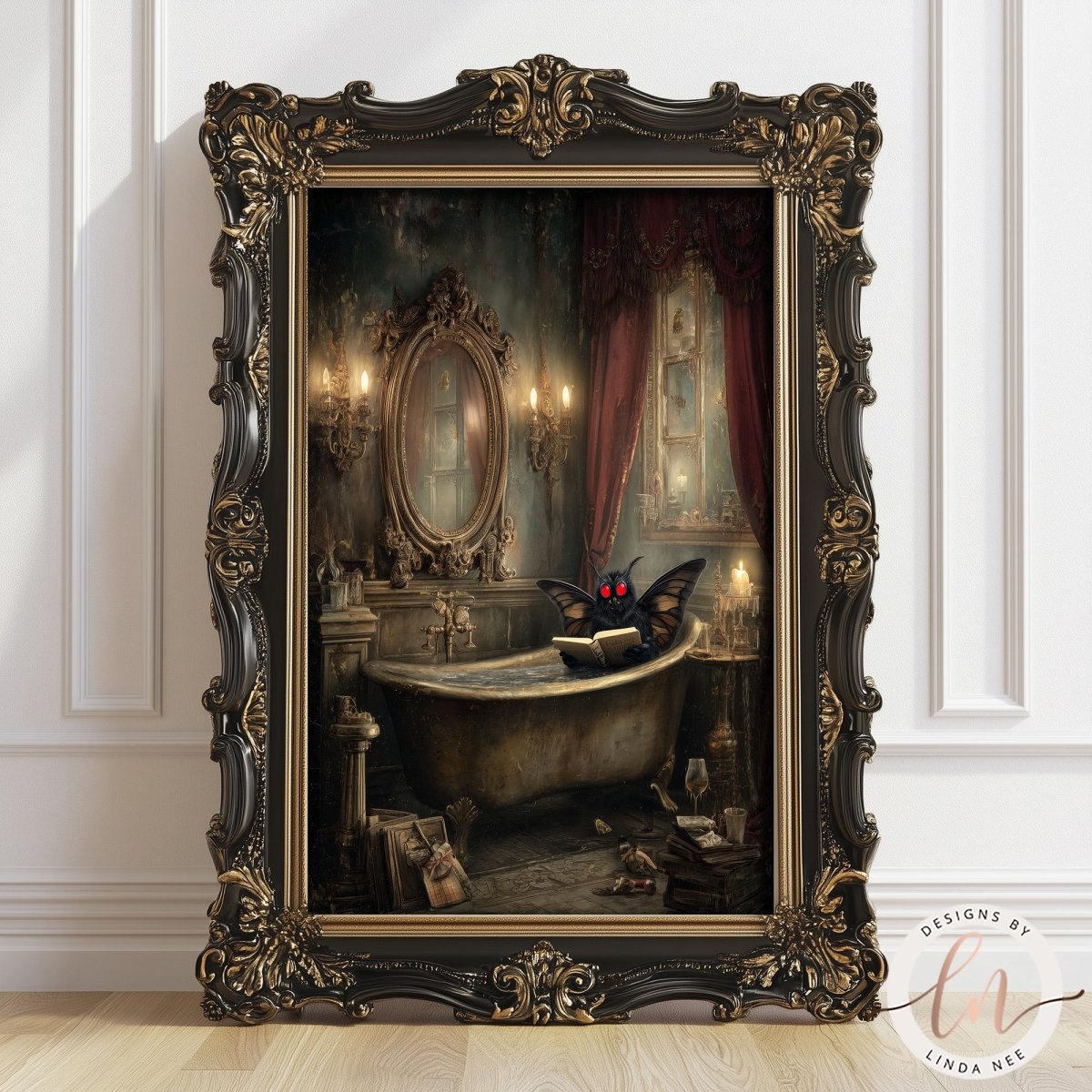 The image is a framed painting depicting a bat sitting in a bathtub, surrounded by various objects and a mirror in an ornate, gilded frame.