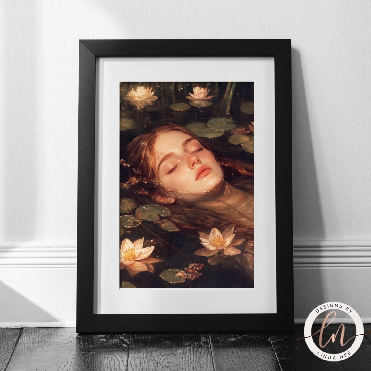 Water nymph face artwork surrounded by floating lily pads and flowers