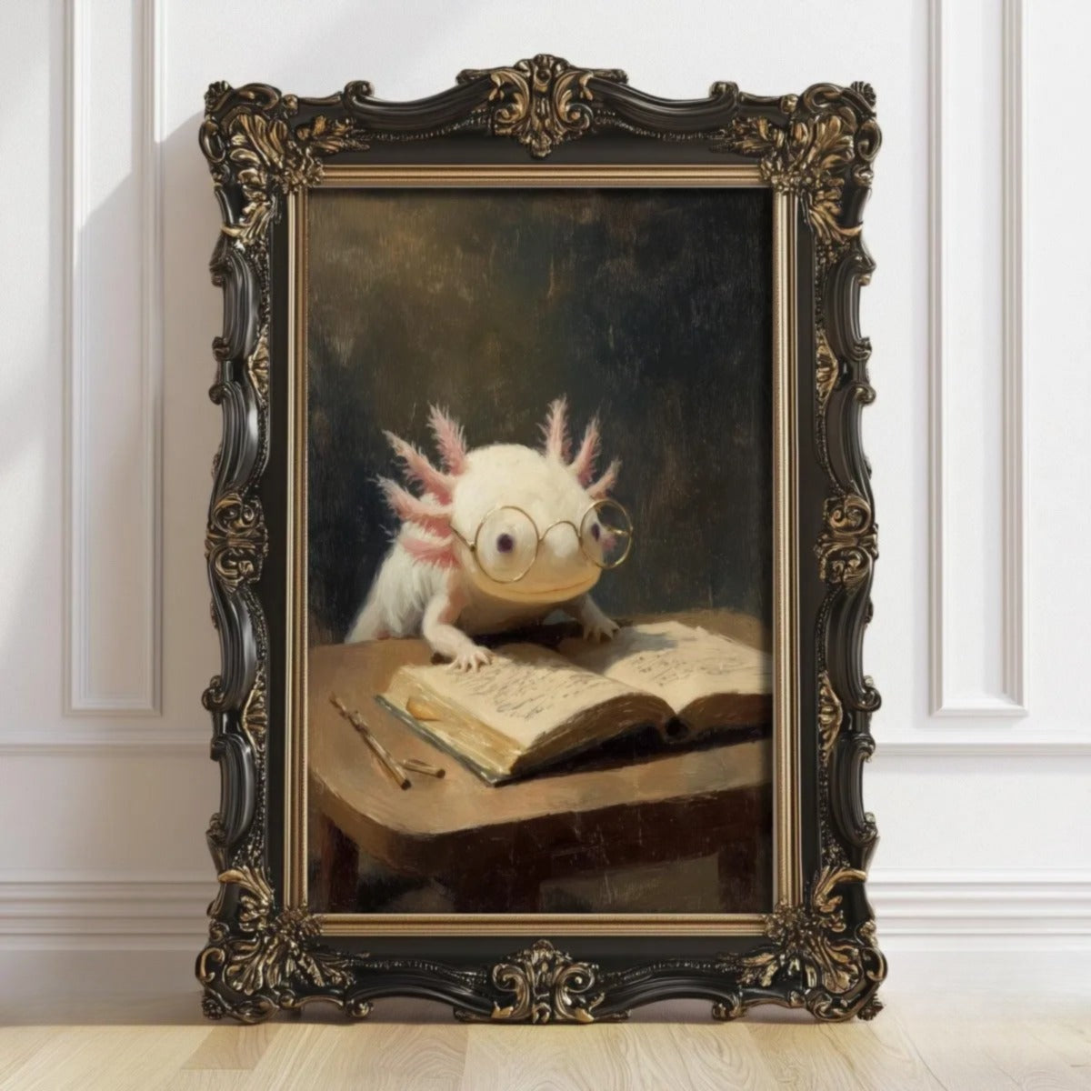 A painting of an axolotl, a type of salamander, sitting at a desk and reading a book.