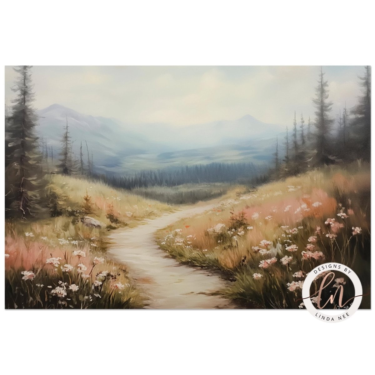 A winding path leads through a lush, grassy field dotted with wildflowers, surrounded by towering pine trees and majestic mountains in the distance.