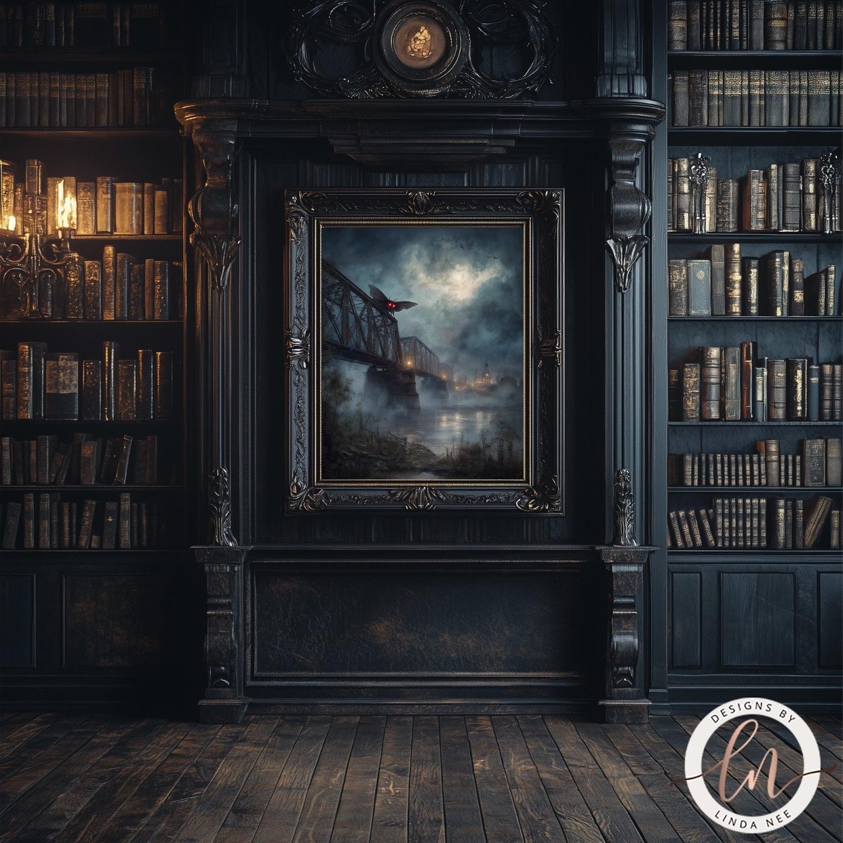 a dark, ornate room with a large bookshelf filled with books, a painting of a bridge in the center, and a chandelier hanging from the ceiling.