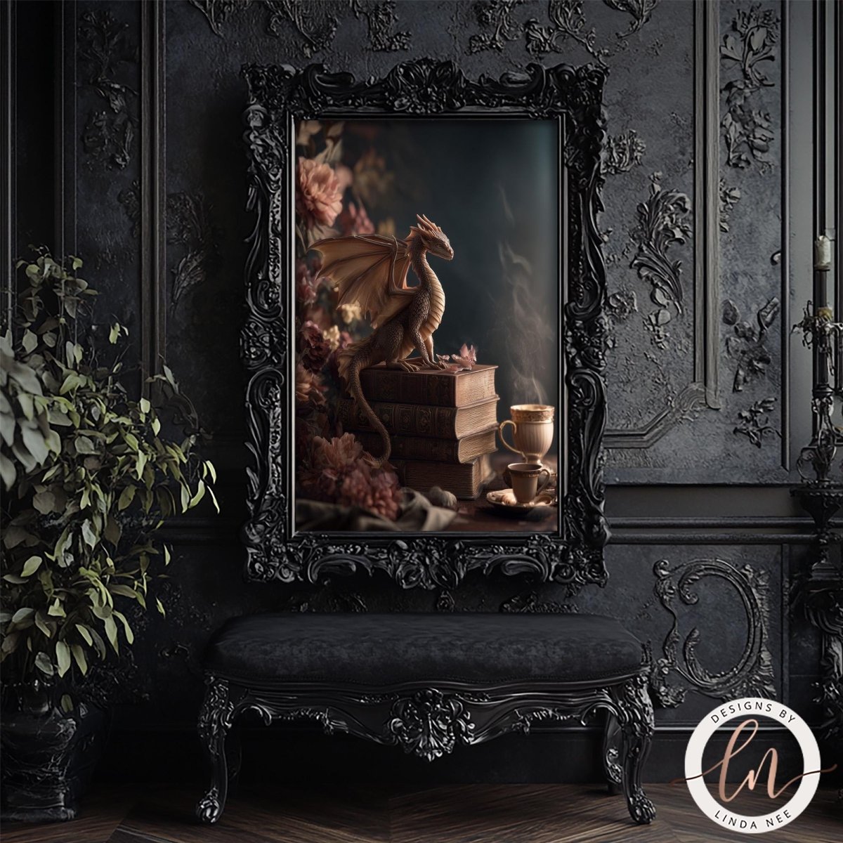 a large ornate mirror with a dragon figurine inside, set against a dark background with floral patterns. The mirror is framed in an elaborate black frame, and there is a black bench in front of it.