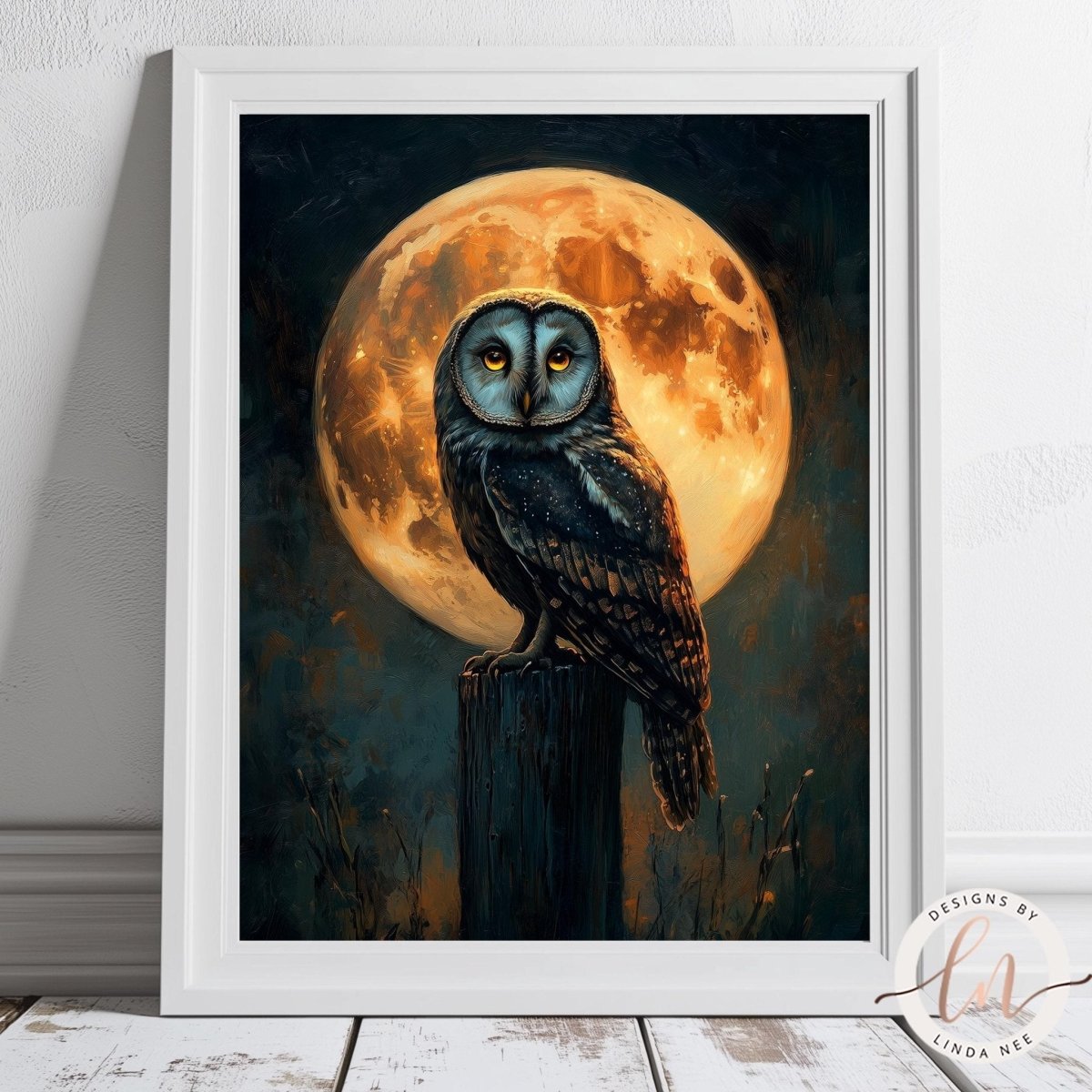 Owl on a wooden post with a full orange moon in the background