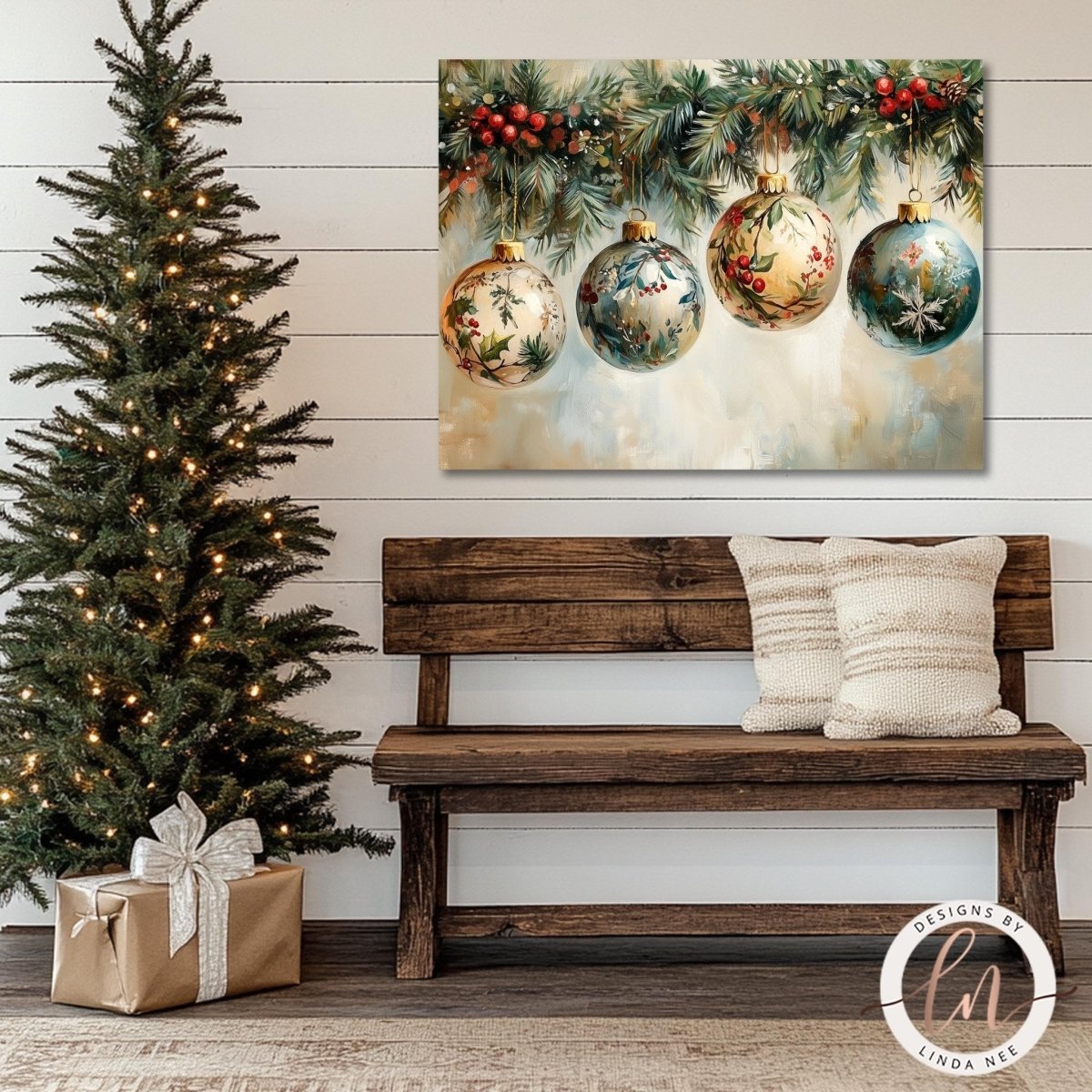 Christmas ornament artwork displayed above a wooden bench beside a lit tree