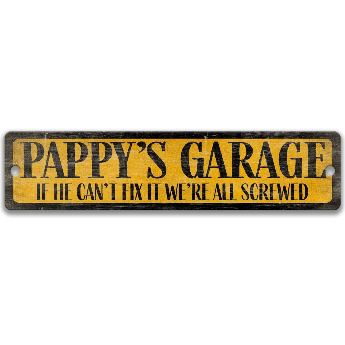 The image is a sign that reads "P poppy's garage" in black text on a yellow background.