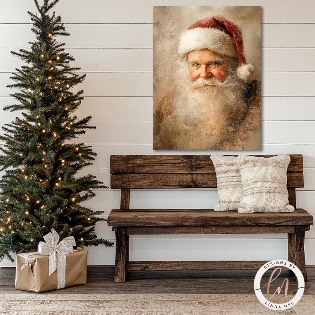 Santa Claus portrait artwork above a wooden bench beside a lit tree