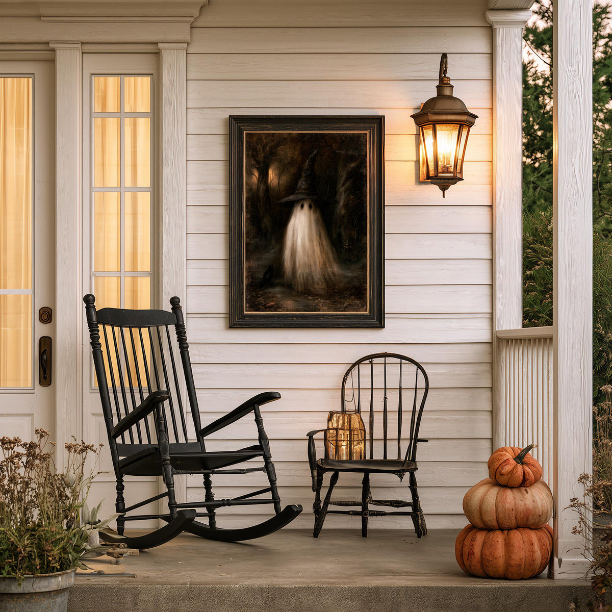 Covered porch with stacked pumpkins, a rocking chair, and the ghost print above