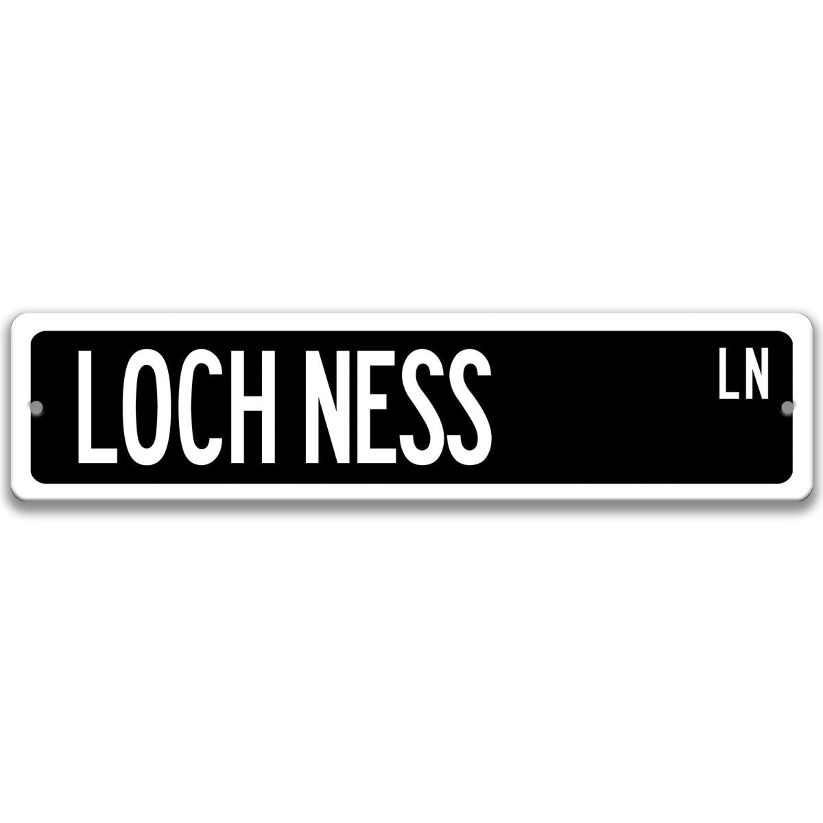 Loch Ness metal street sign with a black background reading LOCH NESS LN