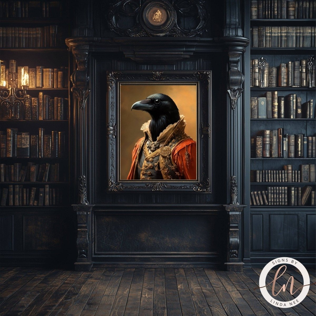 Victorian raven portrait displayed in a room with a bookshelf