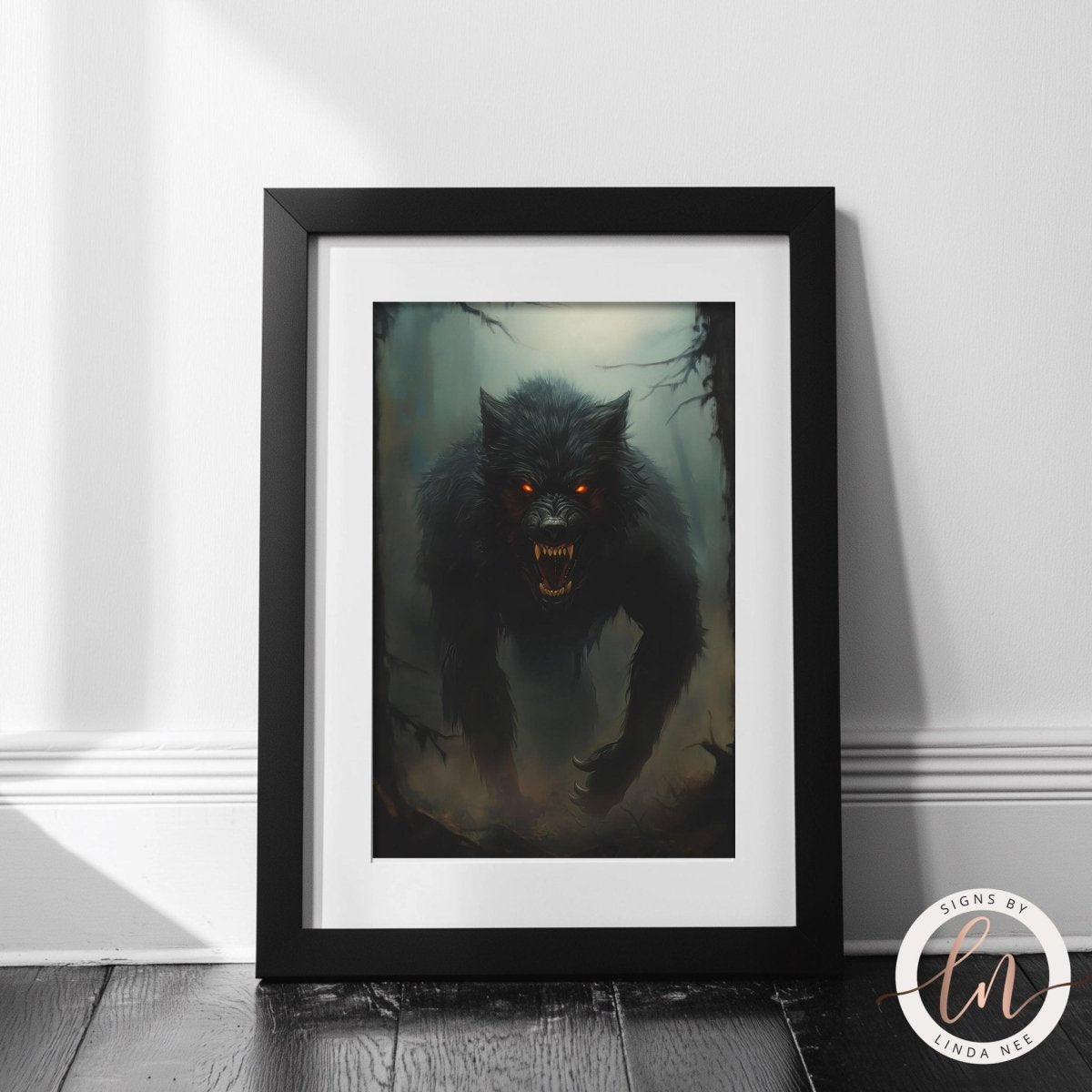 Black wolf with glowing red eyes standing in a dark misty forest