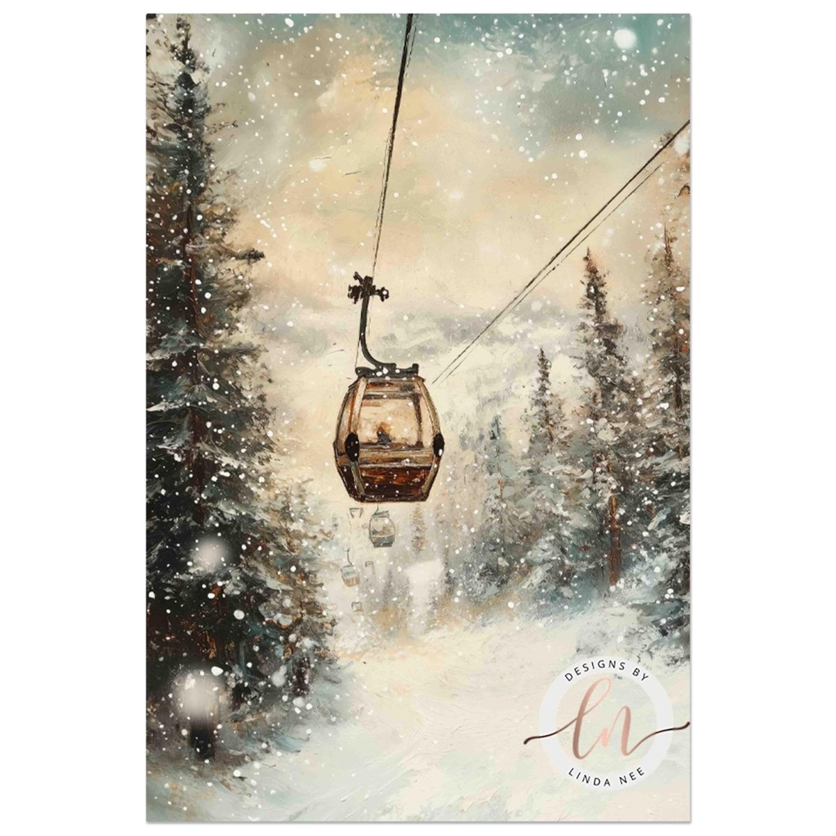 A ski lift carrying passengers through a snowy forest, with snowflakes falling in the background.