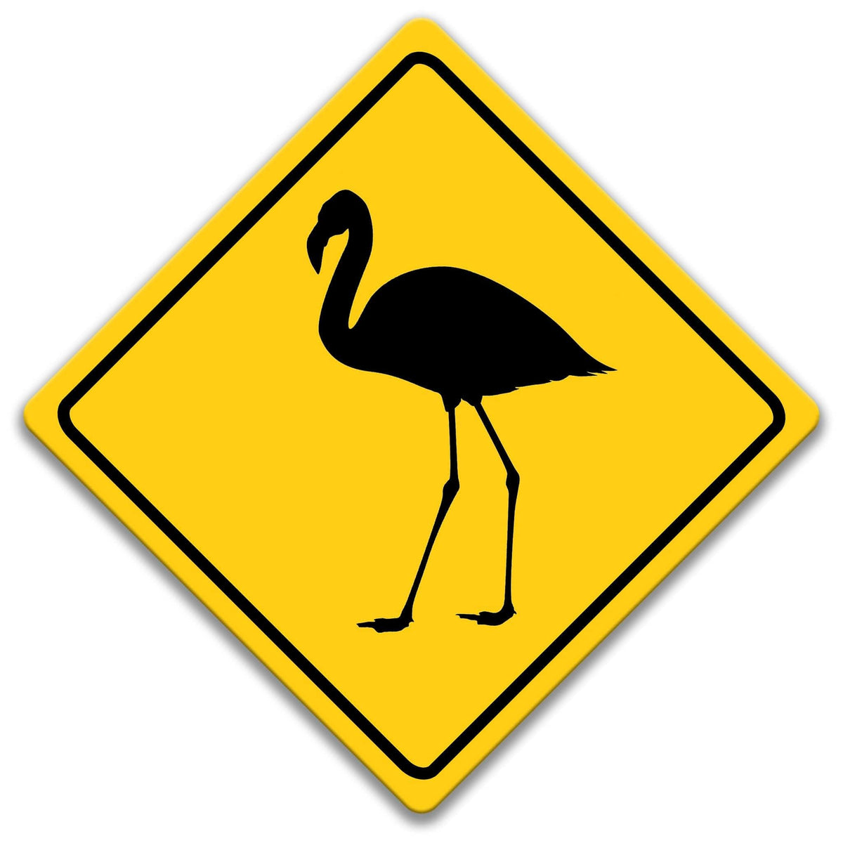 A yellow diamond-shaped road sign with a black silhouette of a flamingo.