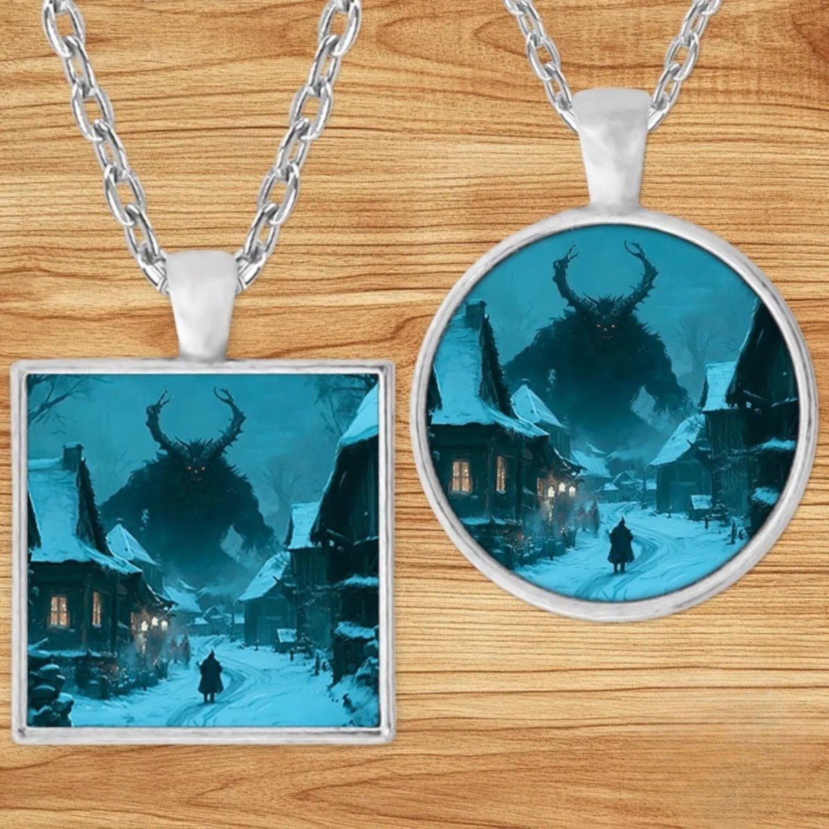 Krampusnacht Village pendant necklace shown in round and square silver charm styles on a wood background