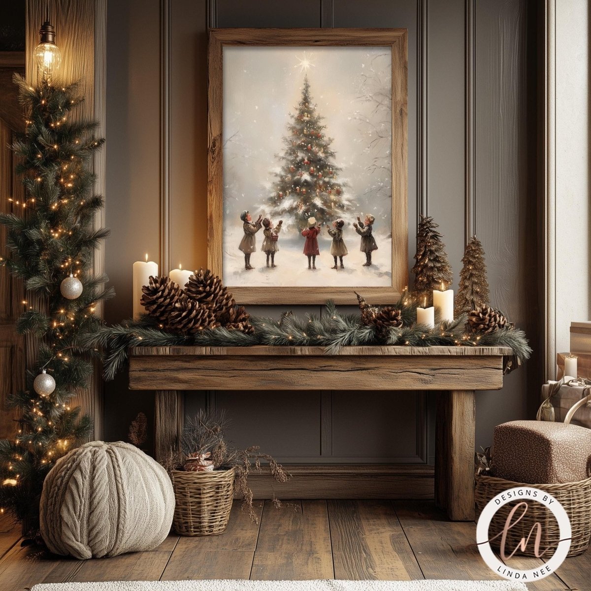 Children gathered around a decorated Christmas tree with twinkling lights