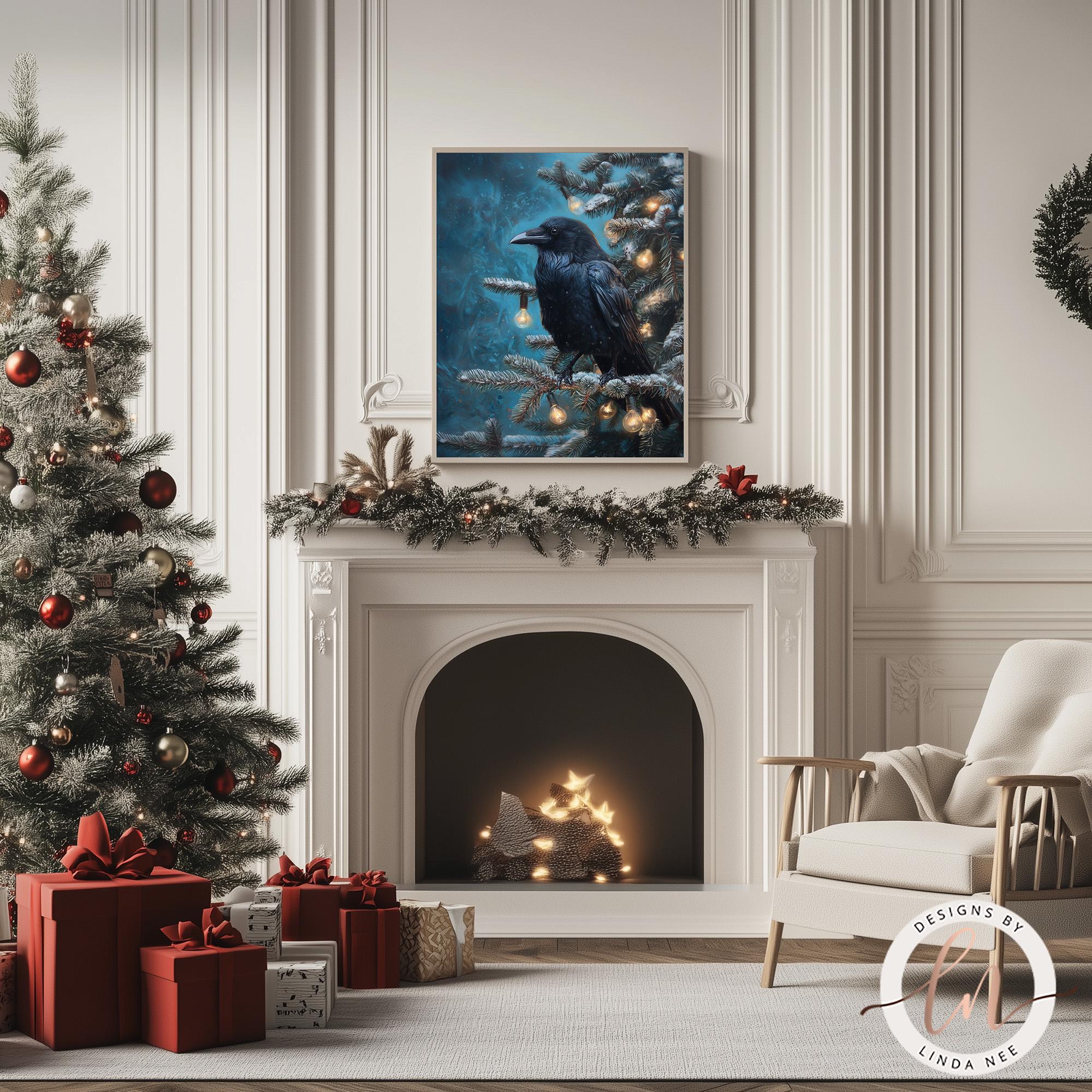 a cozy Christmas scene with a fireplace, a Christmas tree, and a framed image of a black crow perched on a branch. The room is decorated with red and gold ornaments, and there are wrapped presents on the floor.