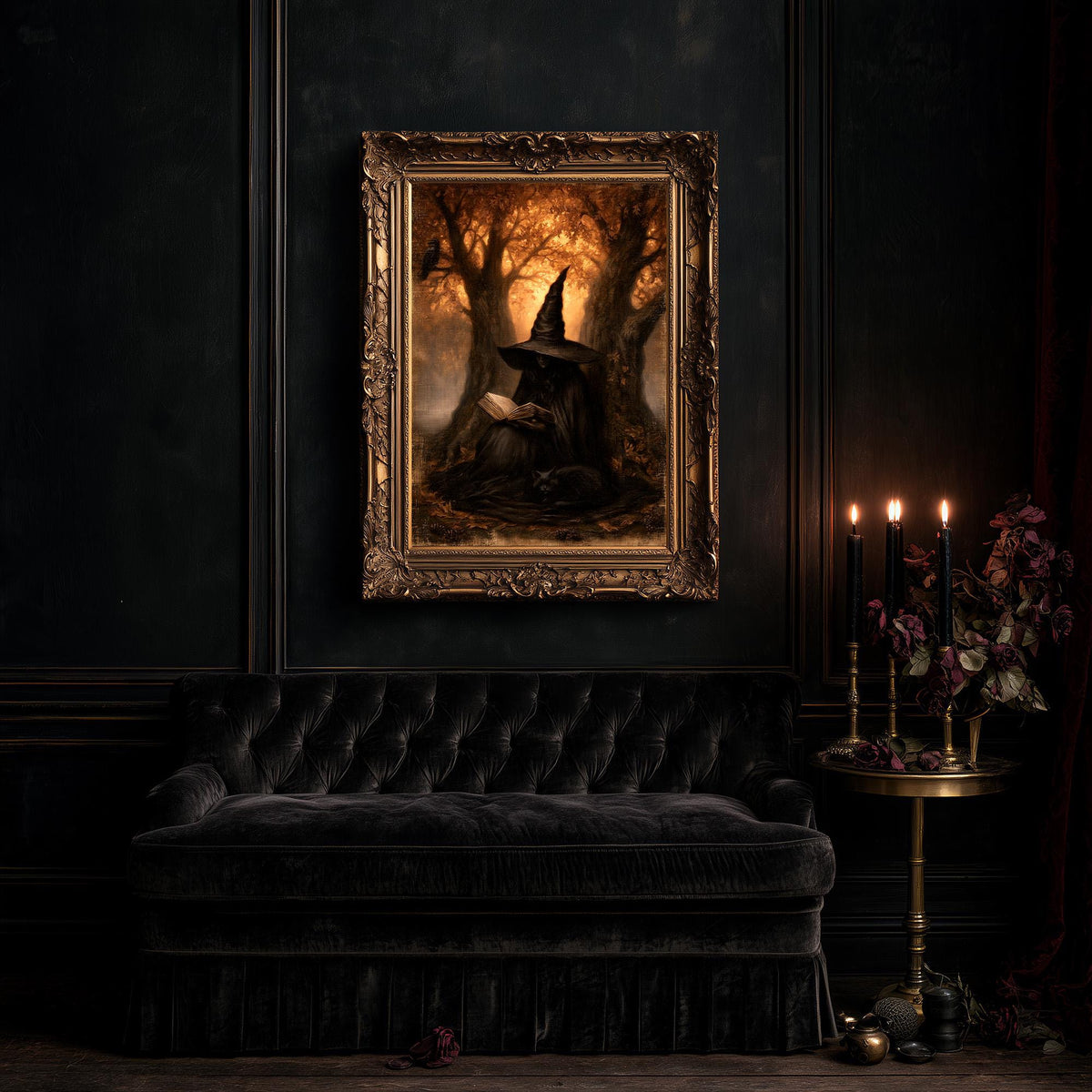 Large reading witch print above a black tufted sofa and a table of candles