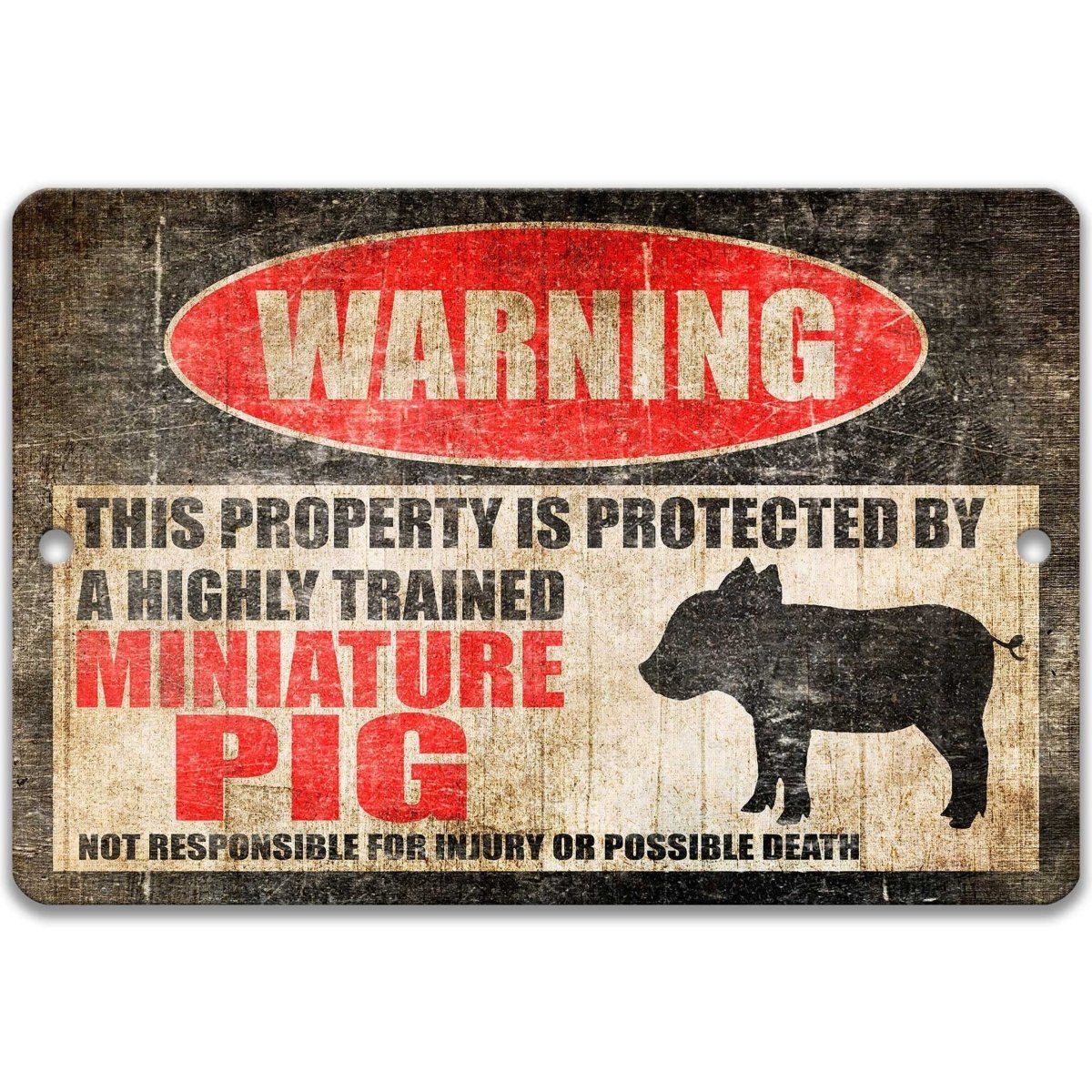 Miniature Pig warning sign, red WARNING oval, this property is protected by a highly trained Miniature Pig, with pig silhouette