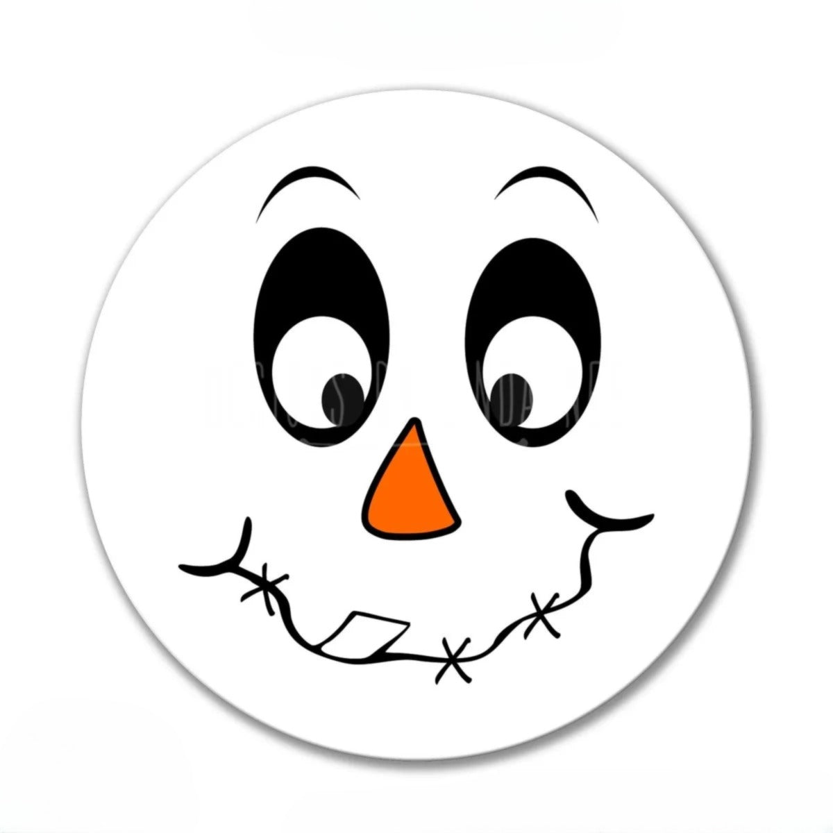 A white circle with a cartoon-style face drawn on it, featuring a large nose, two large eyes, and a smile.