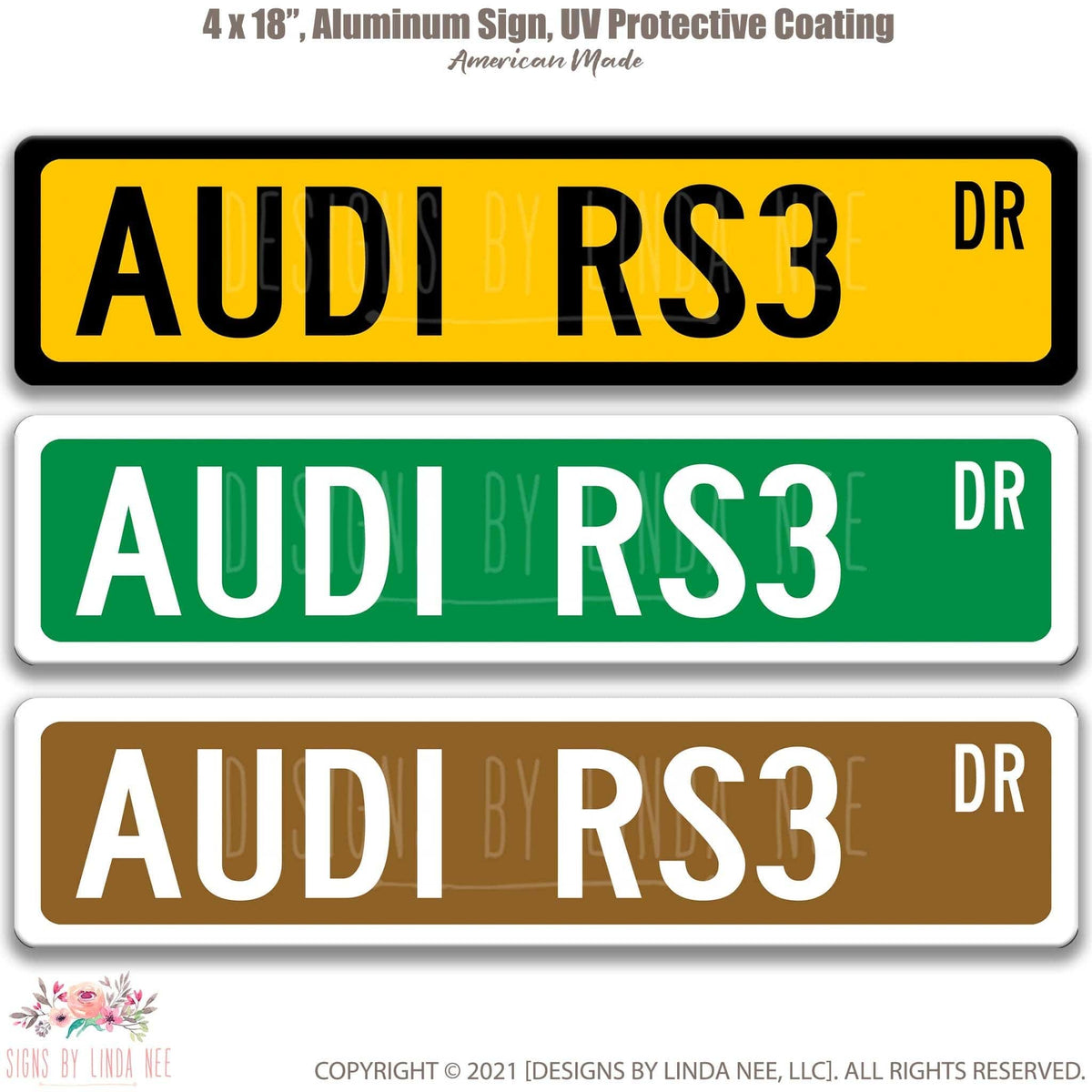 Audi RS3 DR street name sign shown in three aluminum color options