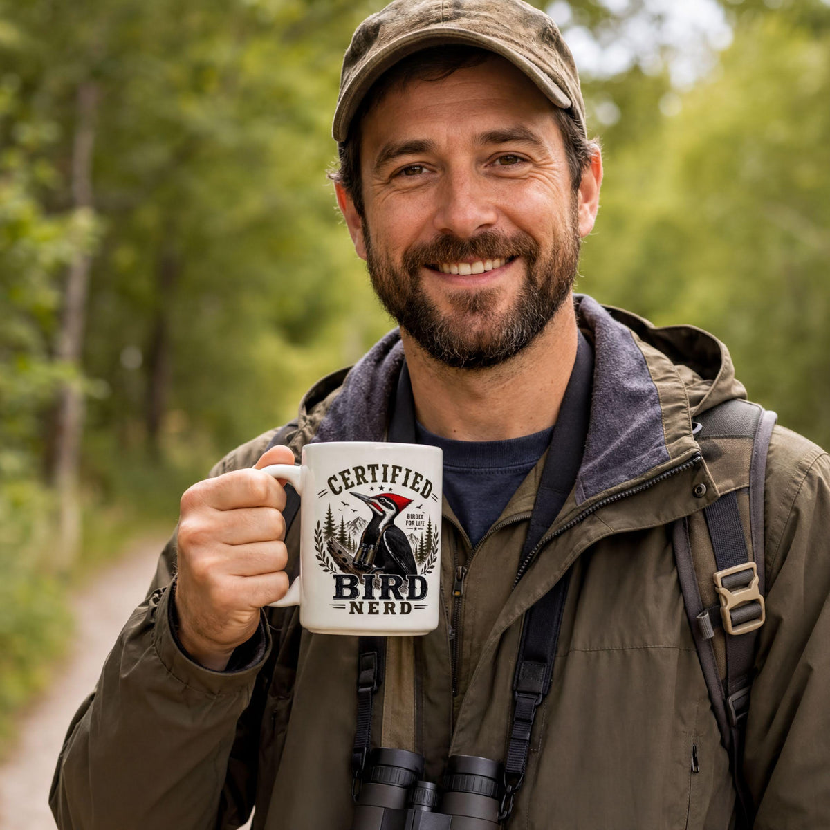 Bearded birder in a cap and field jacket holding the Certified Bird Nerd woodpecker mug on a forest trail