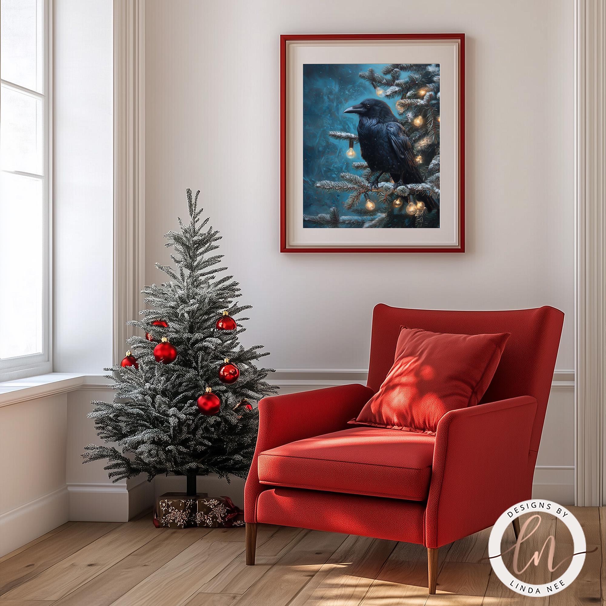 a cozy living room with a small Christmas tree adorned with red ornaments, a red armchair, and a framed painting of a black crow perched on a branch with twinkling lights.