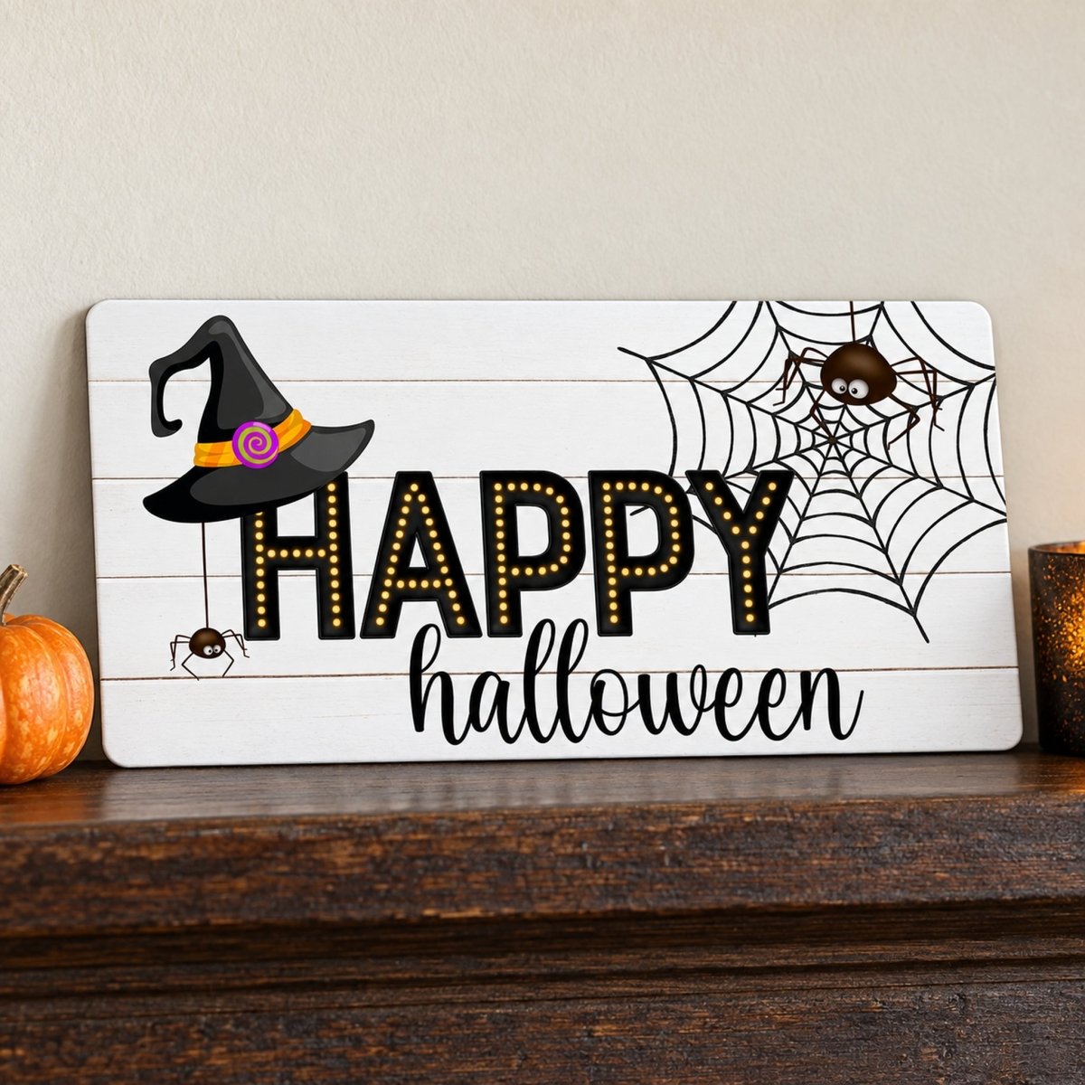 Close view of the Witch Hat and Spider Happy Halloween sign artwork