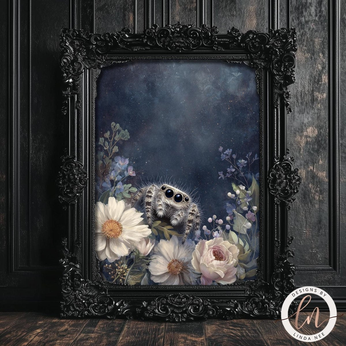 a framed painting of a spider sitting amidst a floral arrangement.