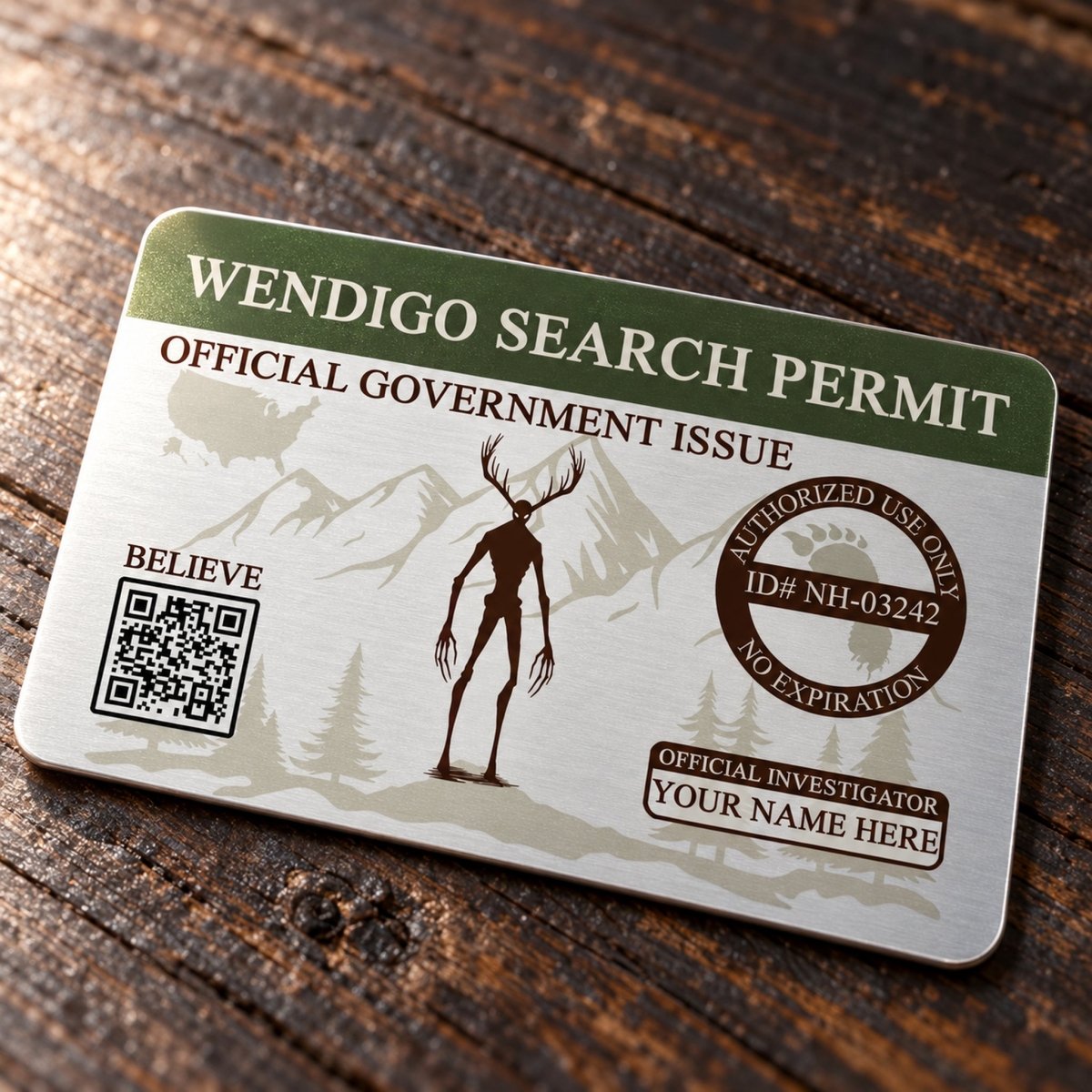 The image is a search permit card for Wendigo, a mythical creature, with a QR code and a QR code. The card is placed on a wooden surface.