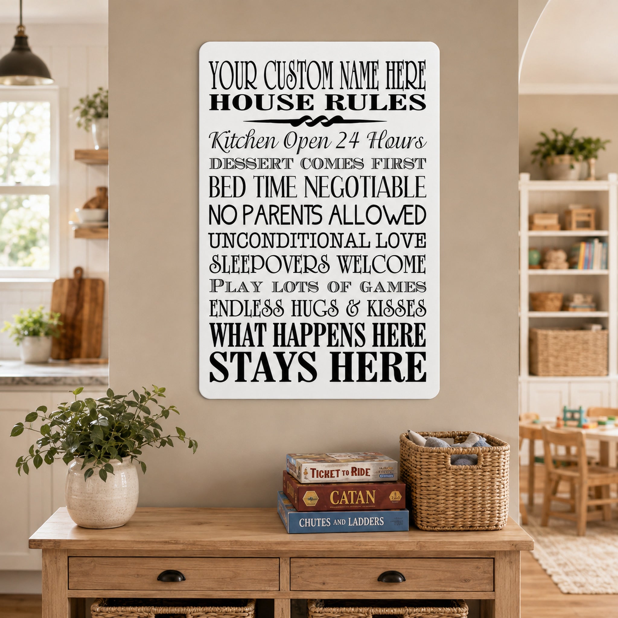 a white sign with black text that lists the house rules, placed on a wooden table in a living room setting.