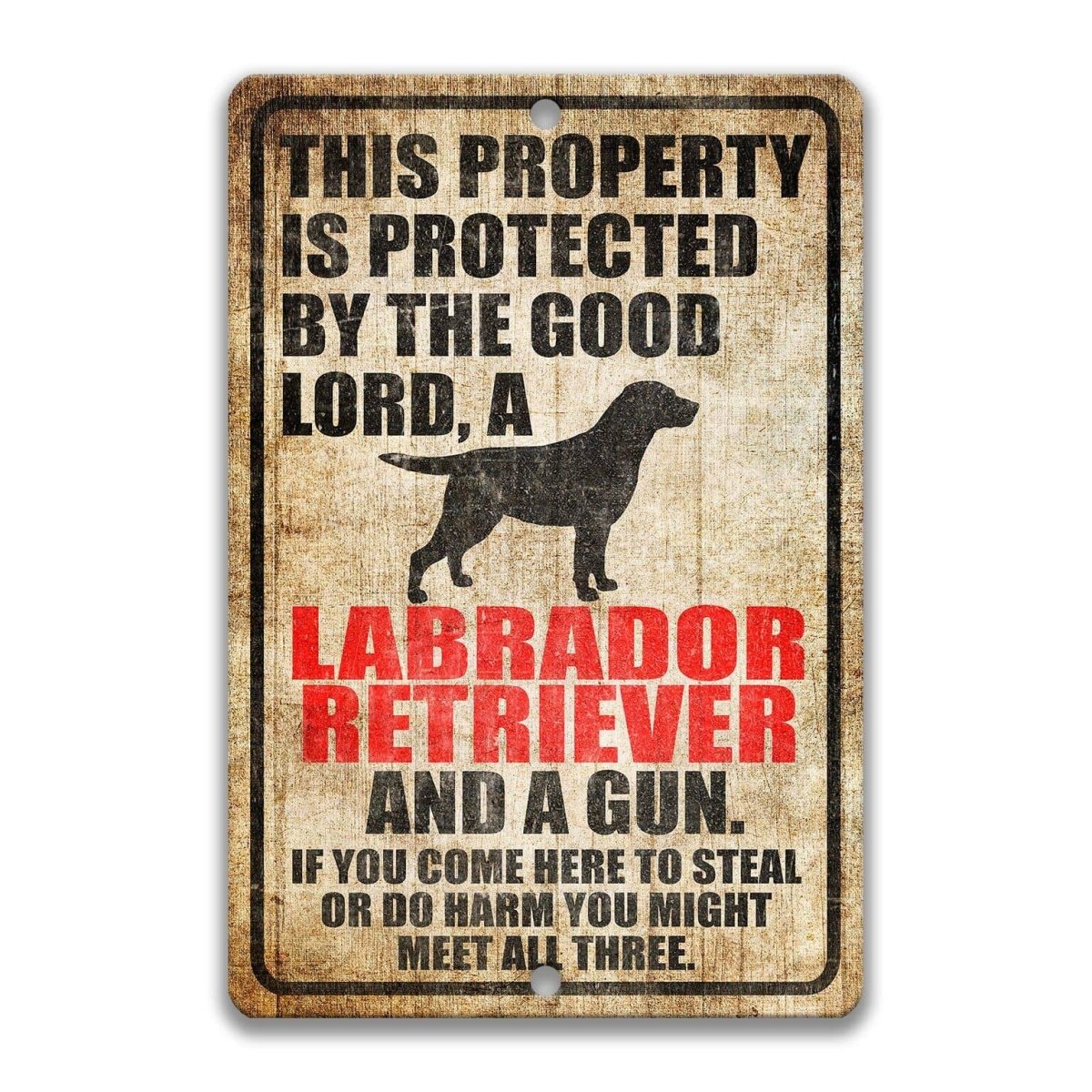 The image is a sign that reads "This property is protected by the good Lord, a Labrador Retriever and a gun. If you come here to steal or do harm, you might meet all three."