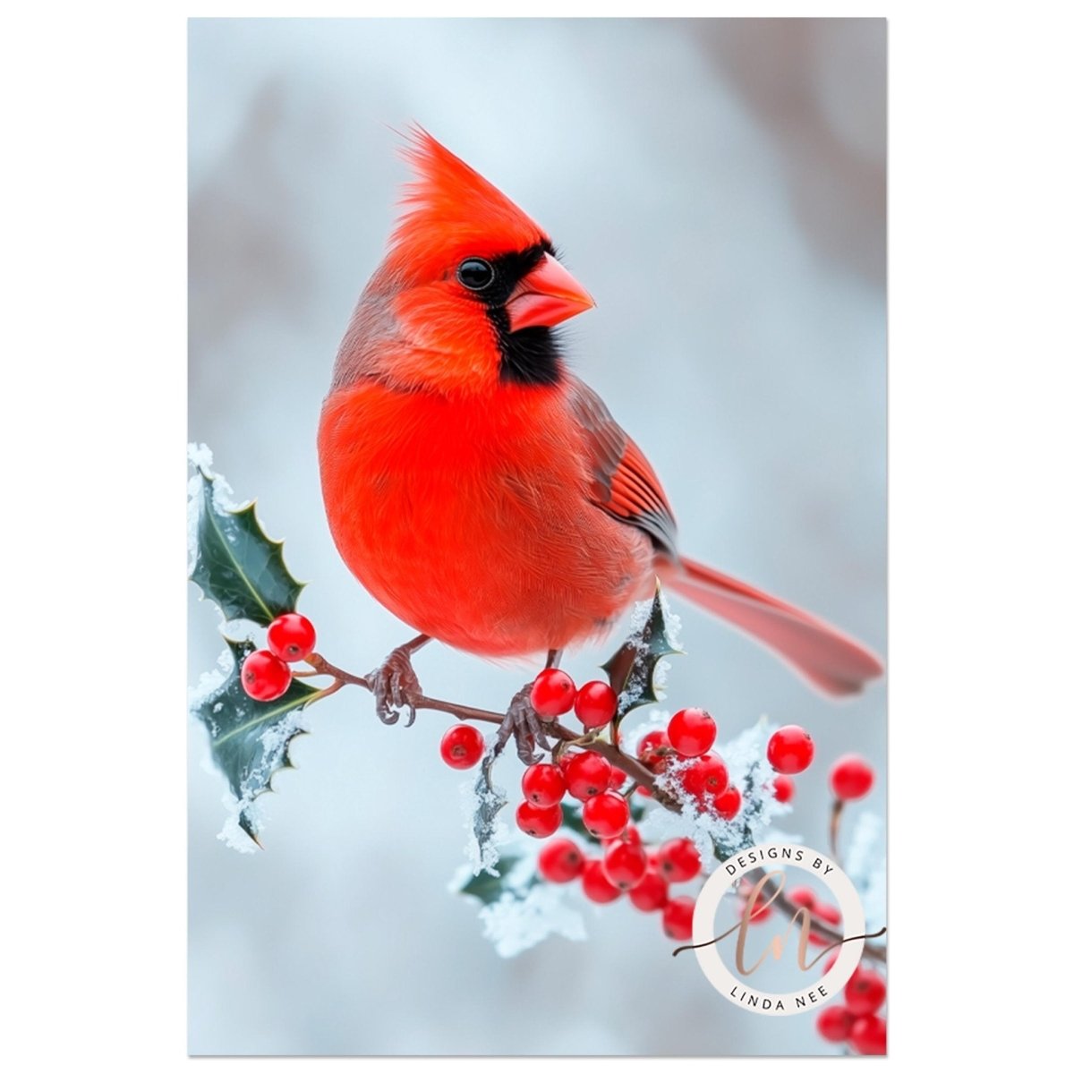 Red cardinal on a berry laden branch dusted with fresh snow
