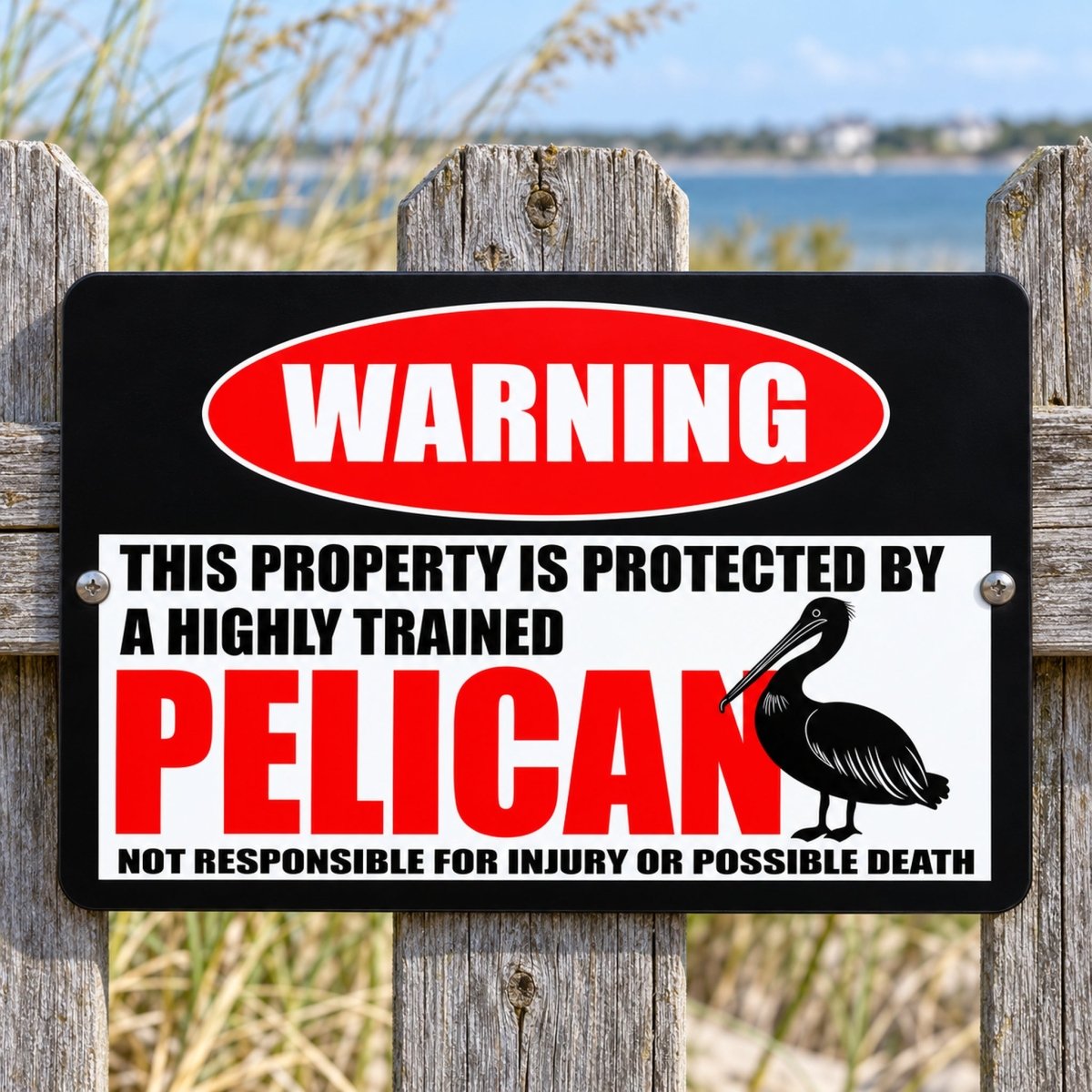 Highly trained pelican warning sign on aluminum with a disclaimer that the owner is not responsible for injury or death