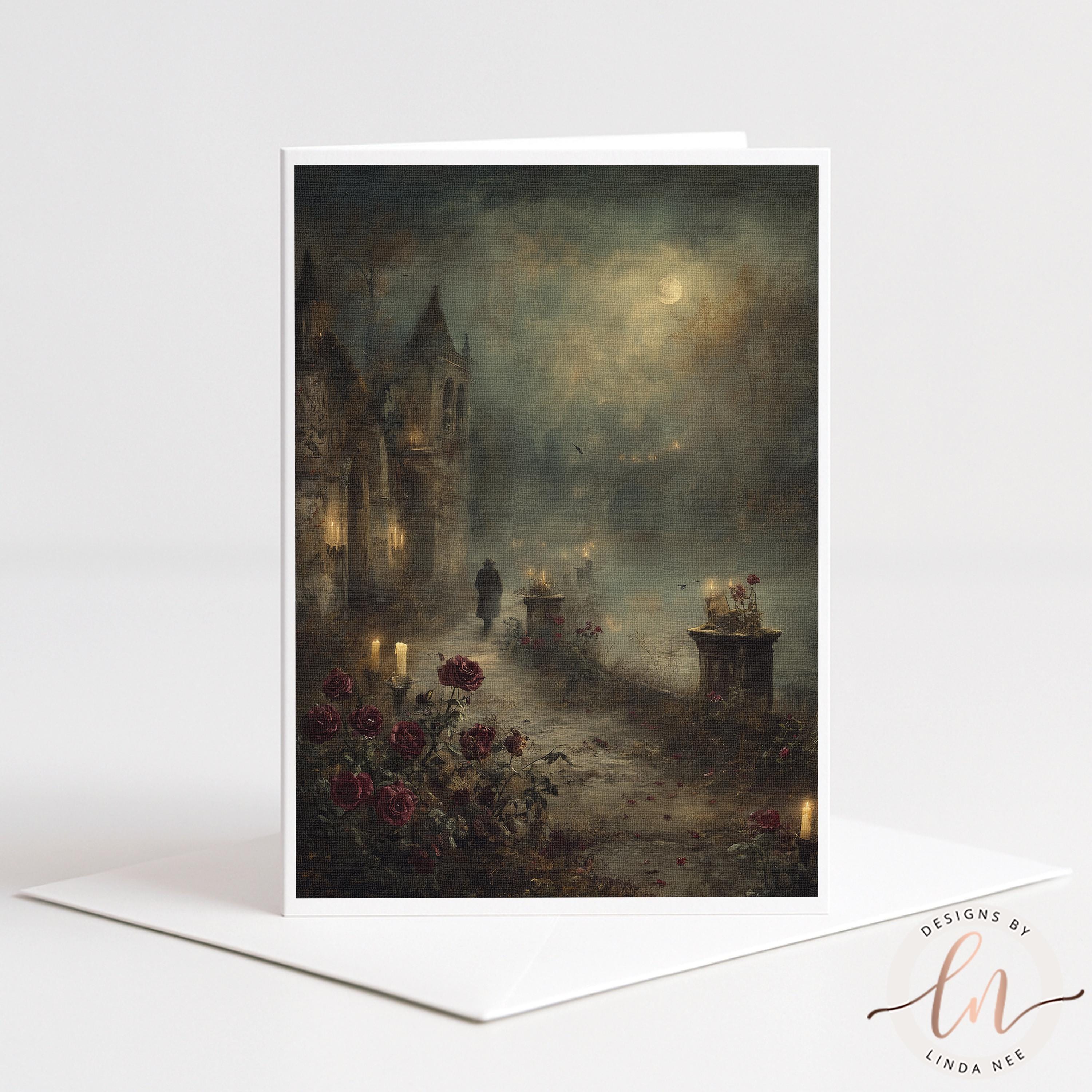 The image is a painting depicting a nighttime scene with a castle, a path, and a moonlit landscape.