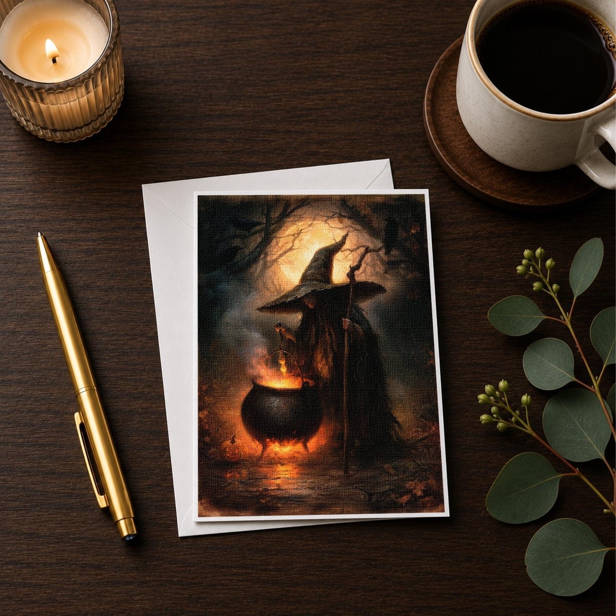 Witch and cauldron Halloween note card styled with a candle