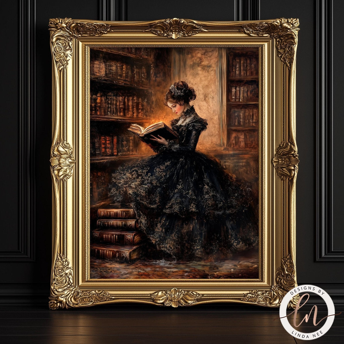 A woman in an ornate black dress is reading a book in a library, surrounded by bookshelves filled with books.