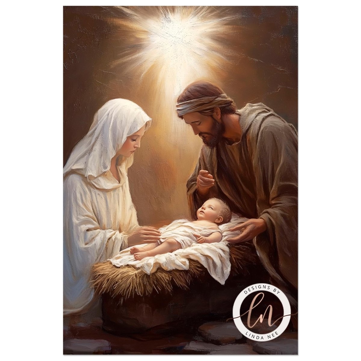 a religious scene with a man, a woman, and a baby in a nativity scene.