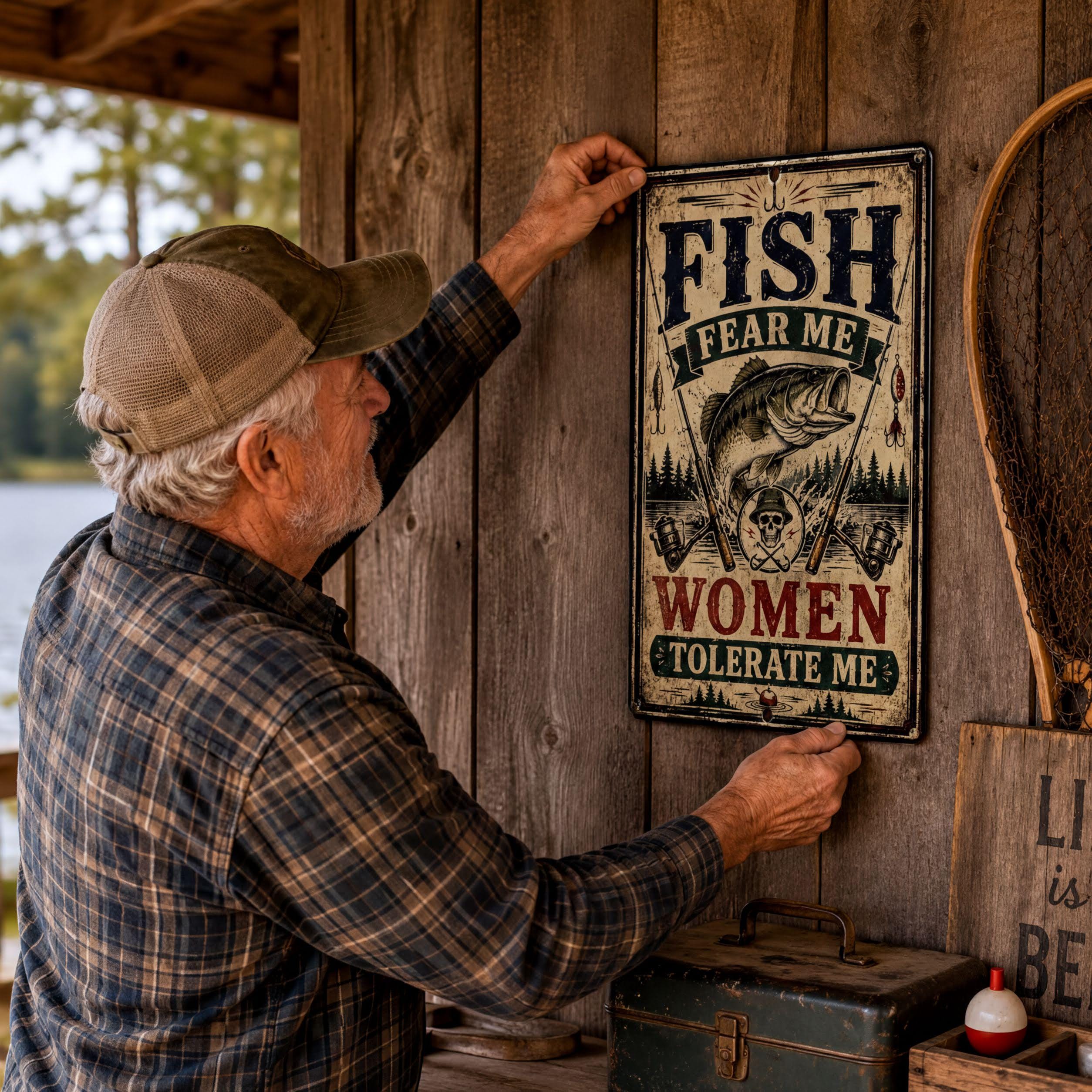 An older man is hanging a vintage-style sign on a wooden wall, which features a fish and the text "Fish fear me, women tolerate me".