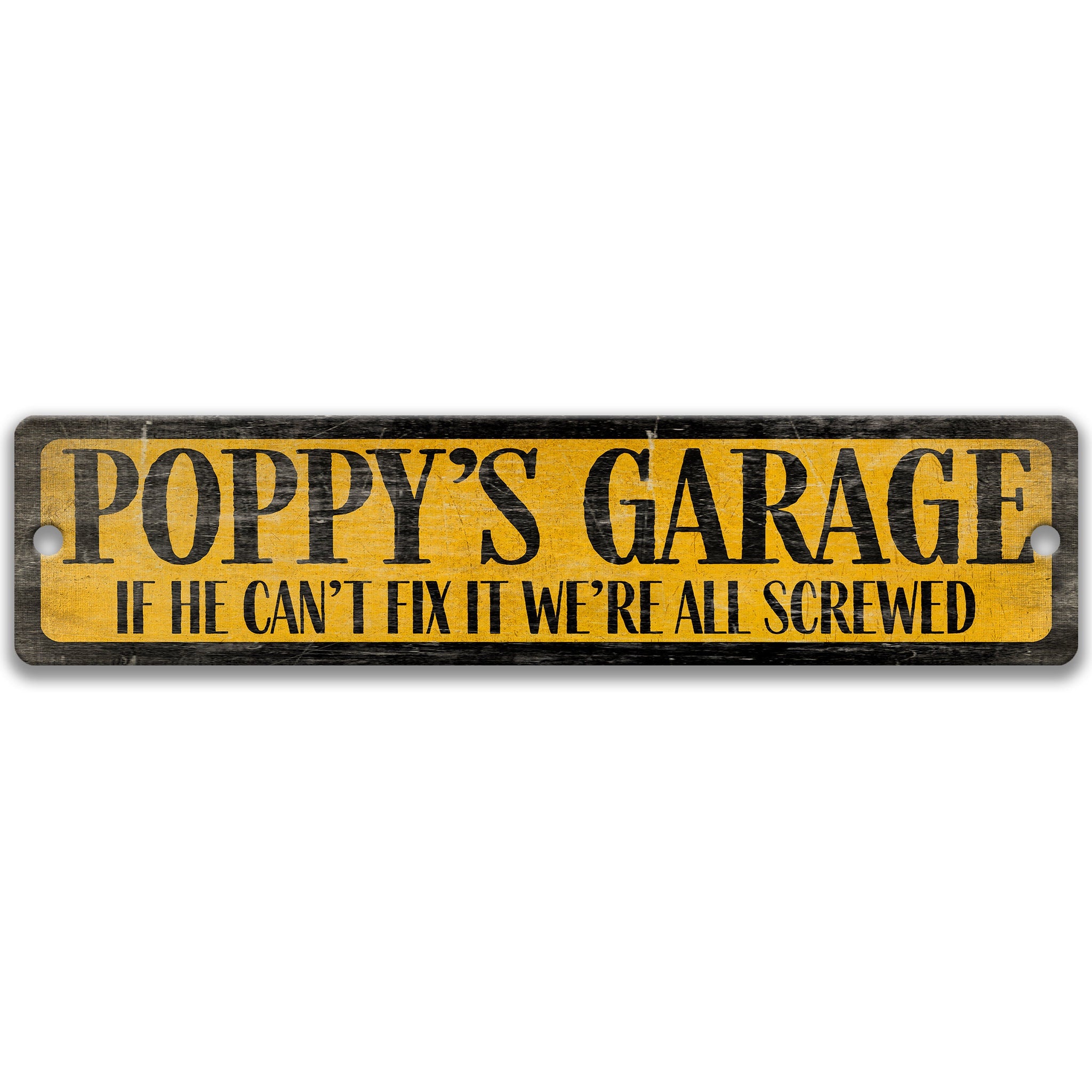 The image is a sign with the text "POPPY'S GARAGE" in black letters on a yellow background.