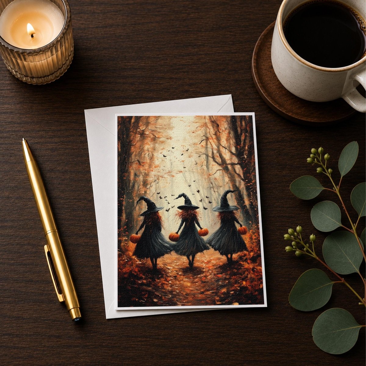 Three witches pumpkin note card styled on a desk with a candle and coffee