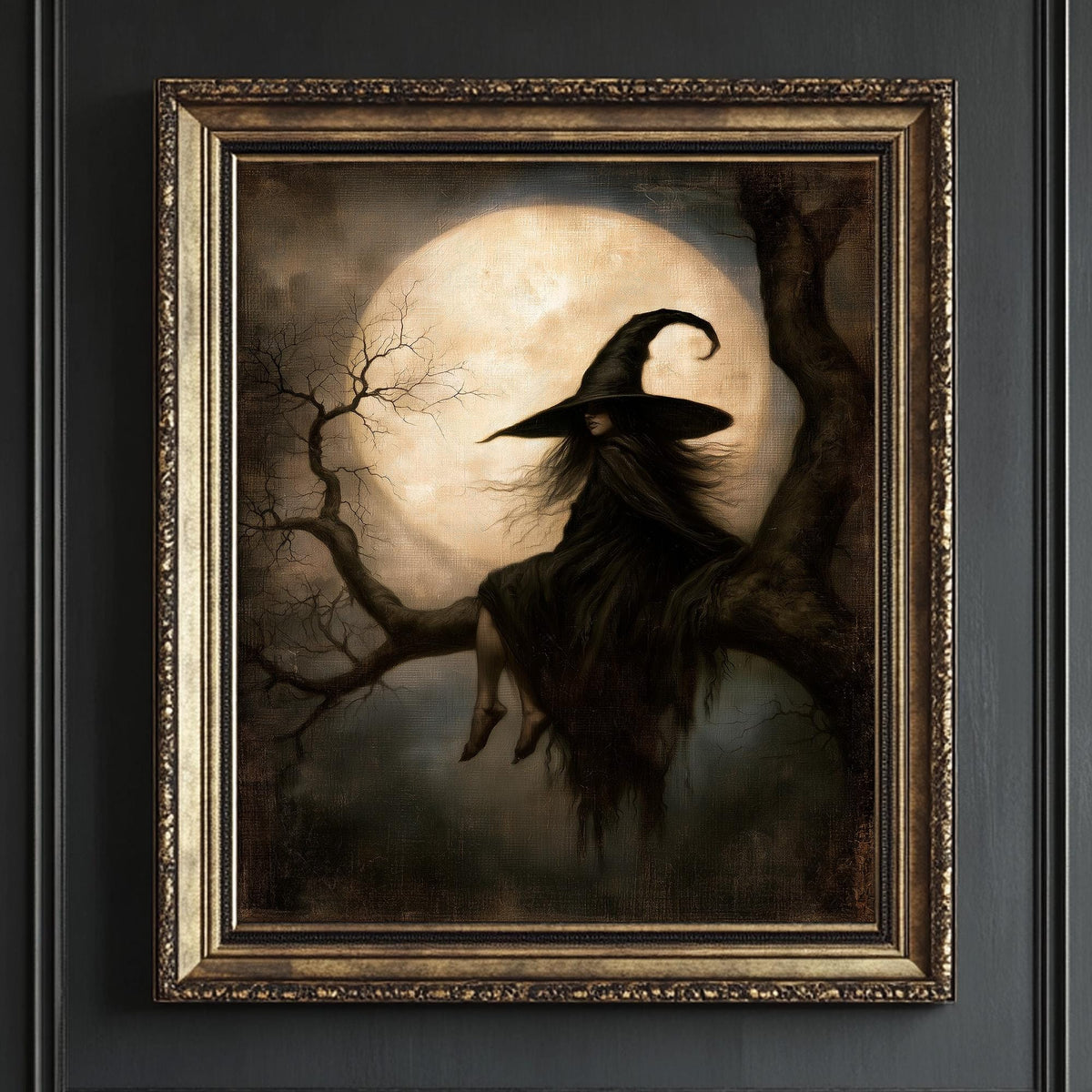 Gothic witch print shown framed for display against a dark wall