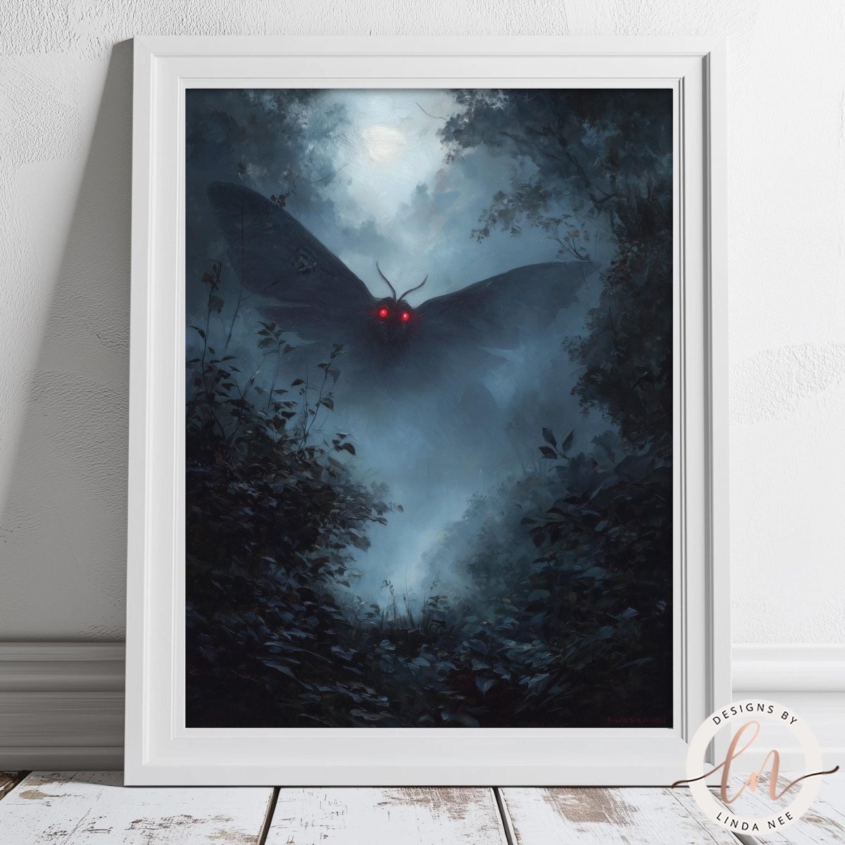 a large moth with glowing red eyes flying through a dark, misty forest.