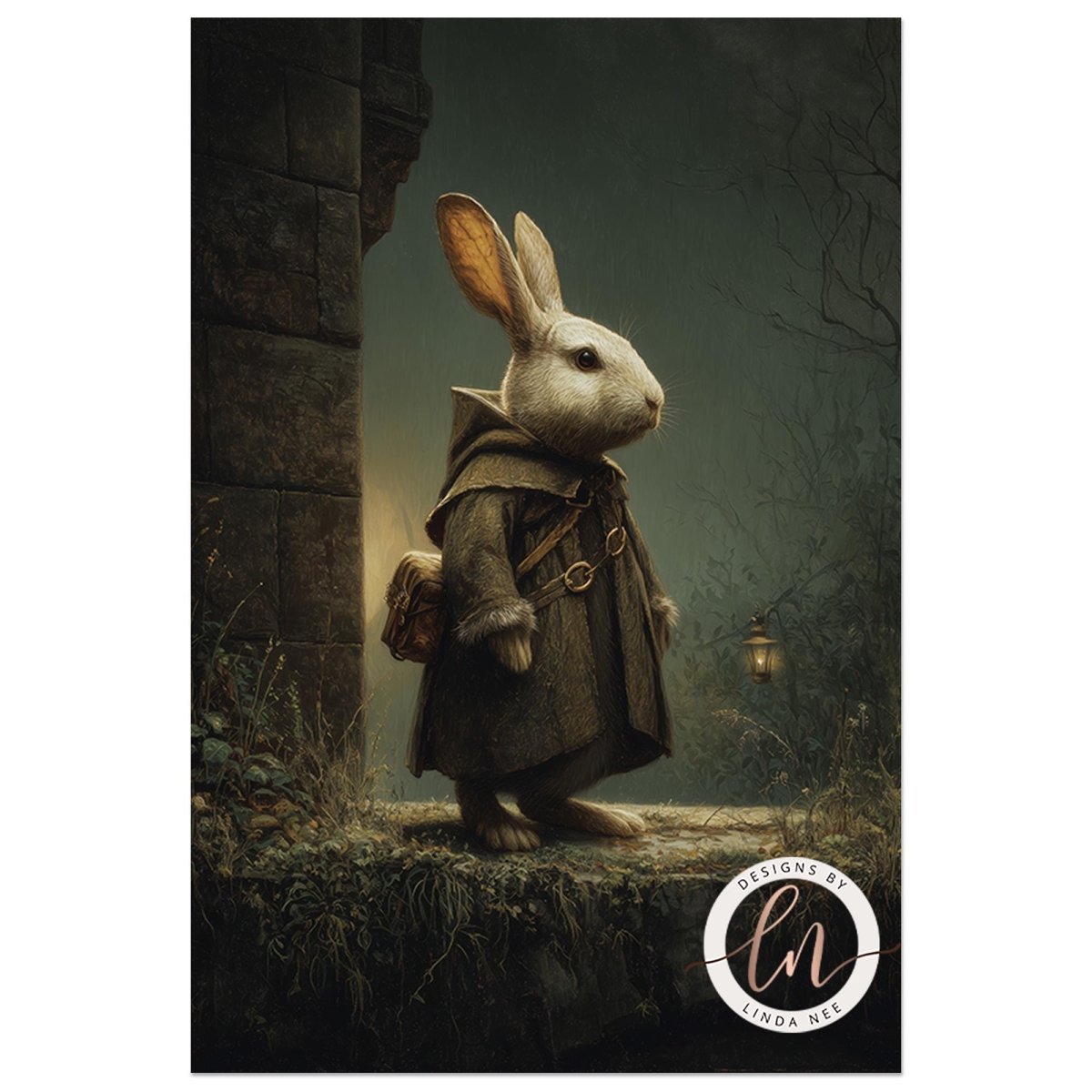 A white rabbit wearing a brown coat and carrying a bag stands on a stone ledge in a dark, mysterious forest setting.