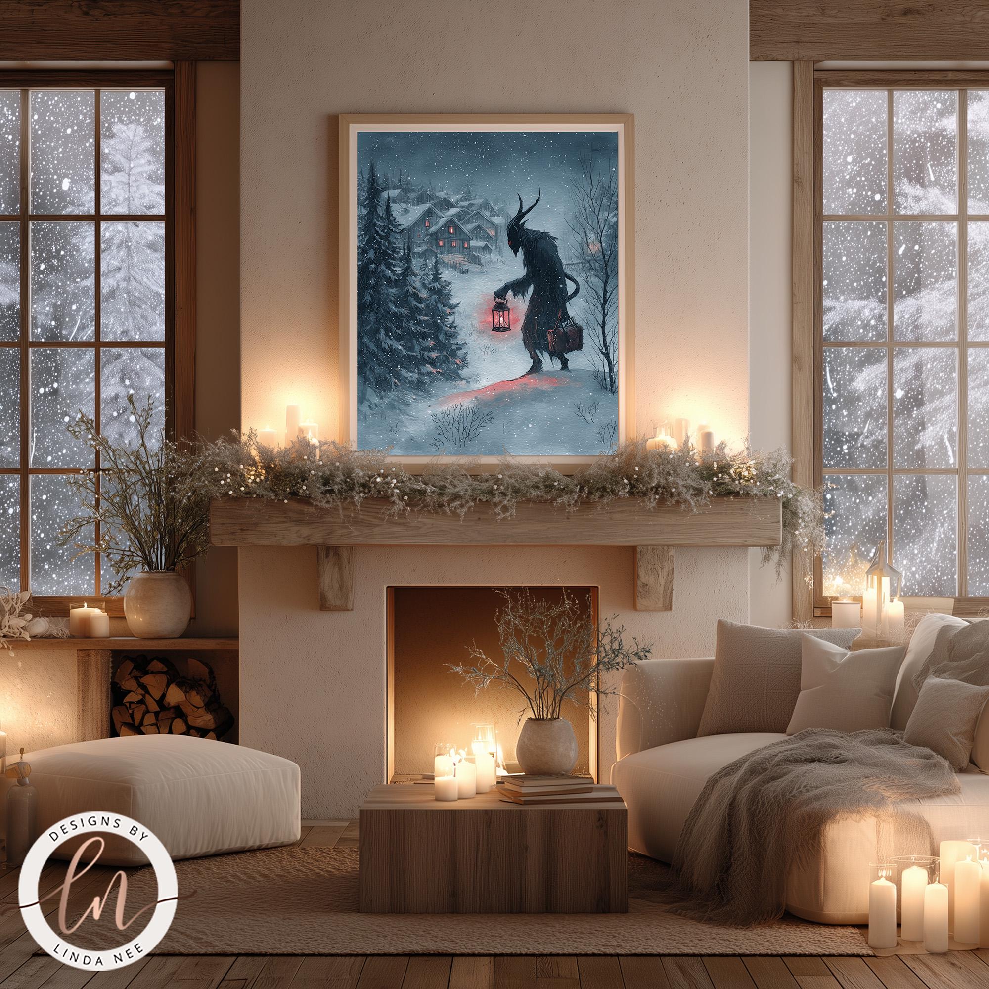 a cozy living room with a fireplace, a large painting of a figure in a snowy landscape, and various decorative elements such as candles, plants, and a wooden coffee table.