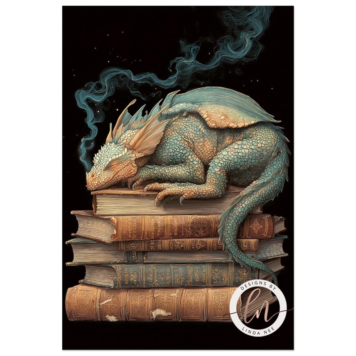 A large, colorful dragon is resting on top of a stack of books, with smoke billowing from its mouth.