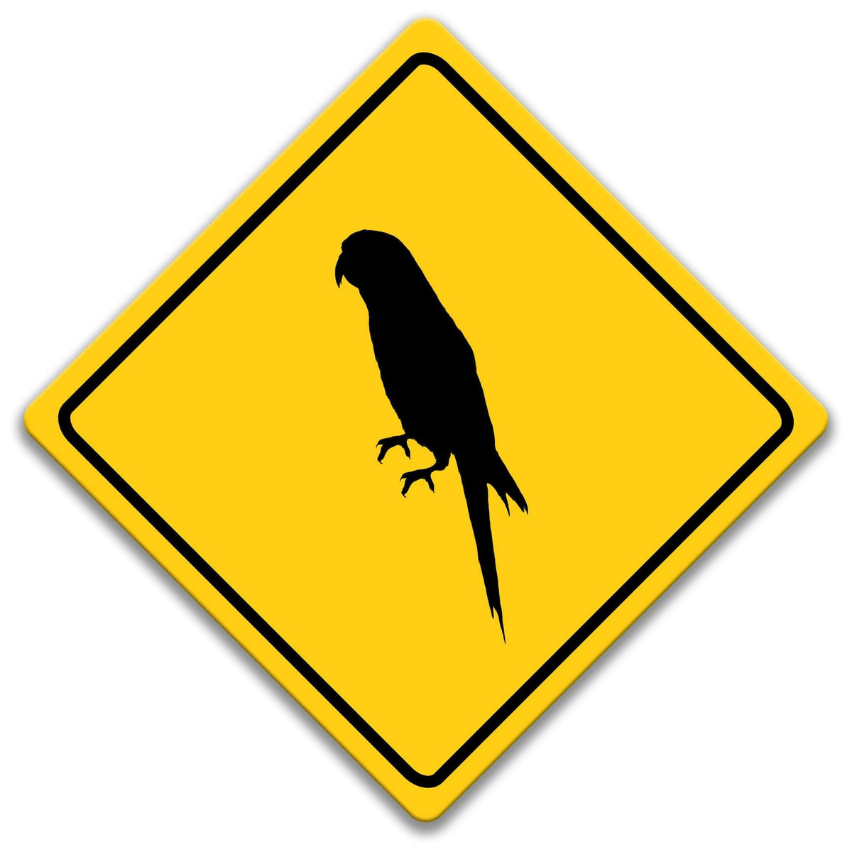 A yellow diamond-shaped road sign with a black silhouette of a parrot perched on it.