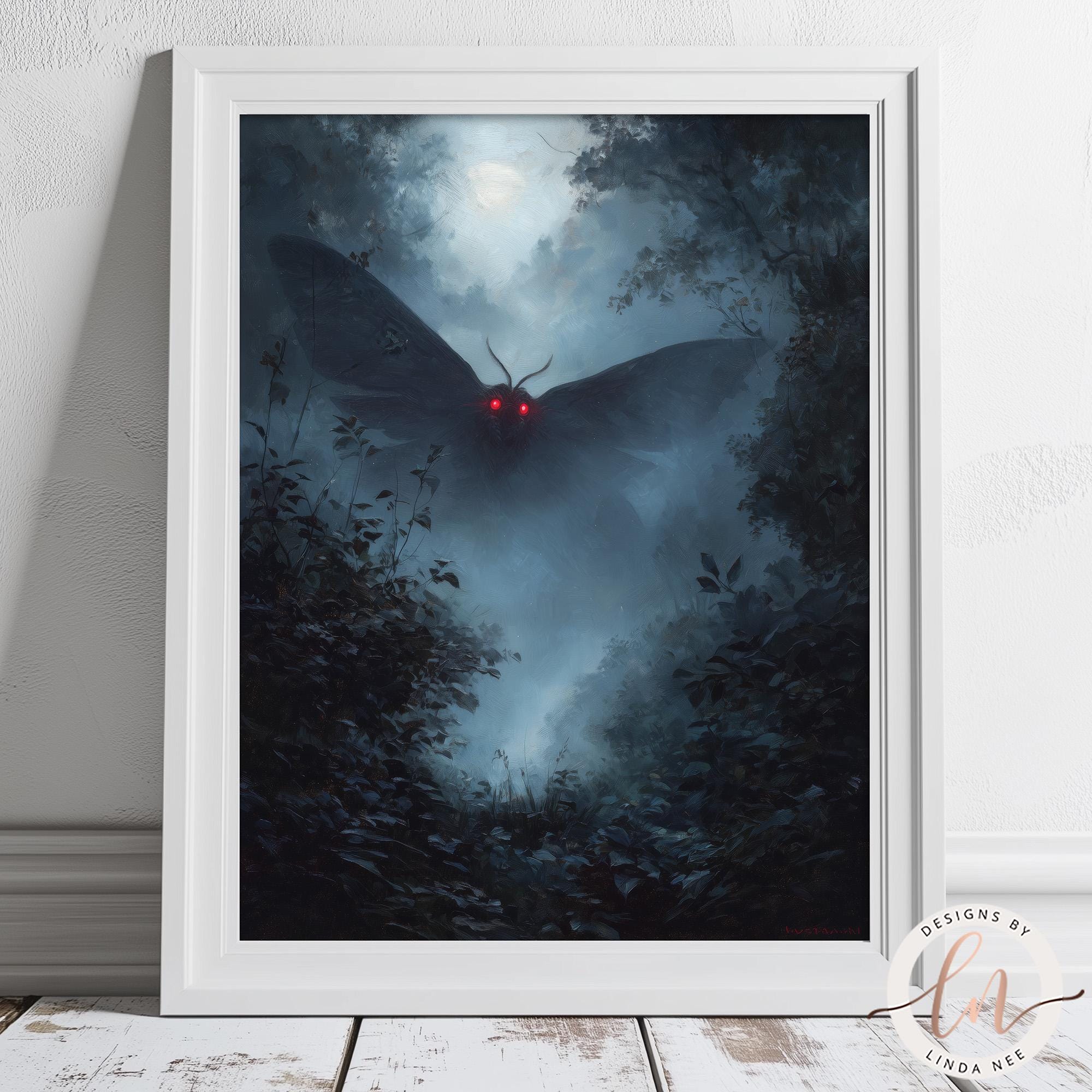 a large, eerie-looking moth with glowing red eyes flying through a dark, misty forest.