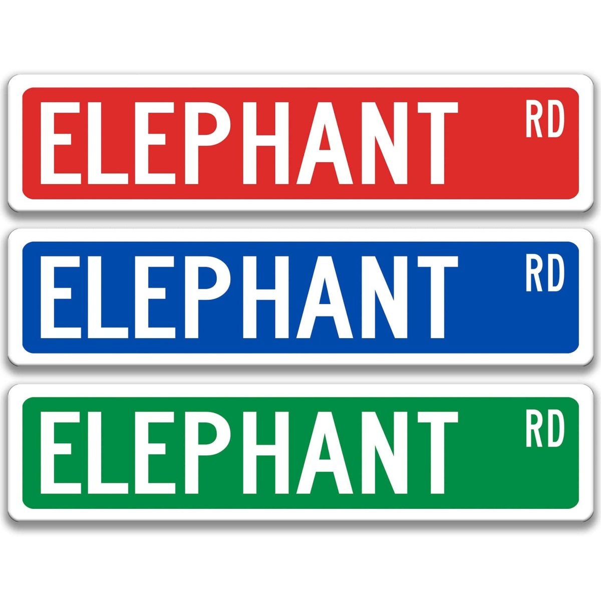 Elephant metal street sign shown in red, yellow, and blue background colors