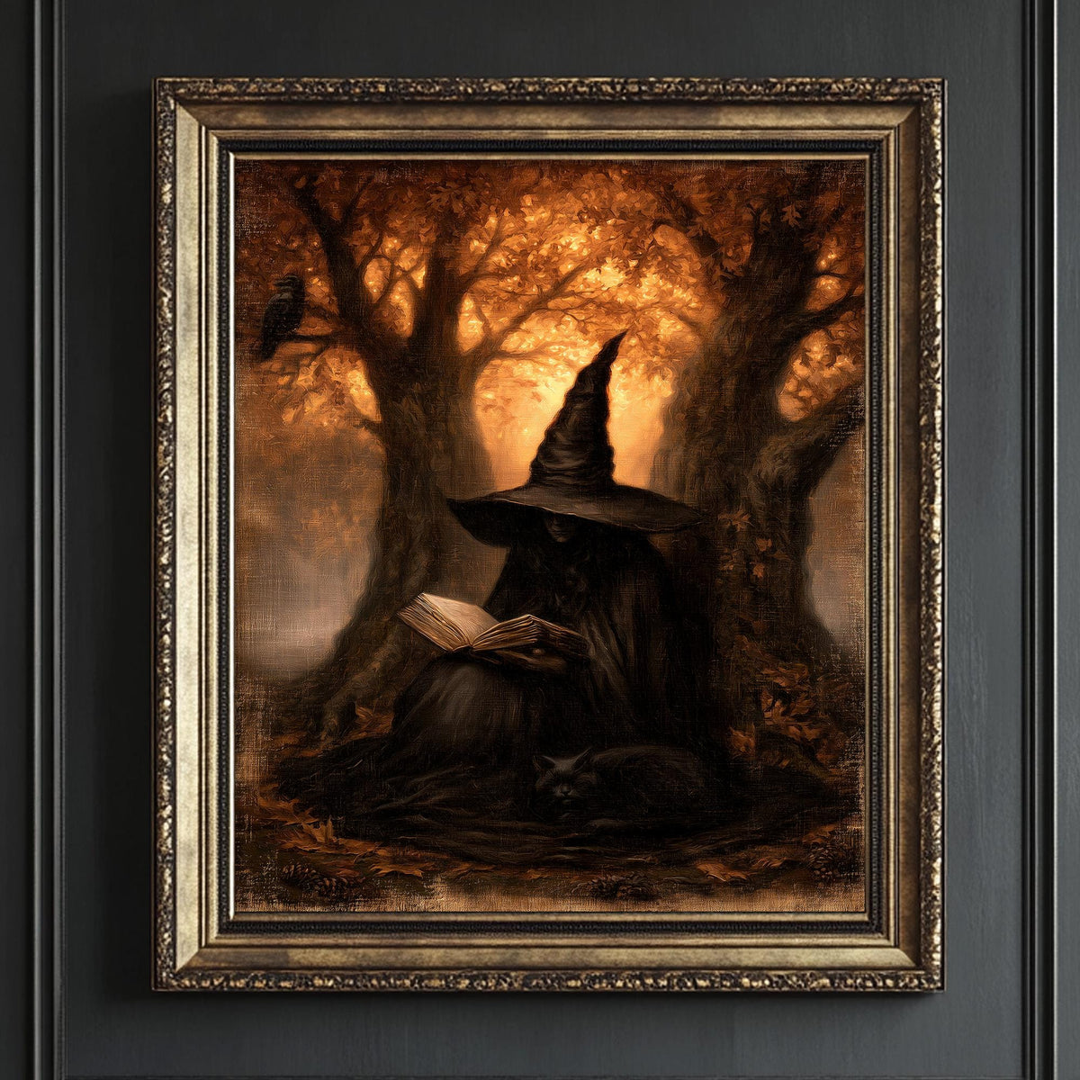 Dark academia print shown framed, the witch reading with her cat in the leaves