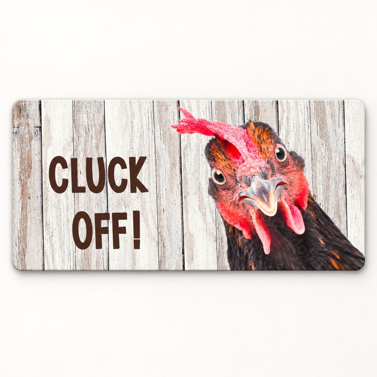 Cluck Off Rooster 6x12 metal wreath sign with a bold red comb rooster
